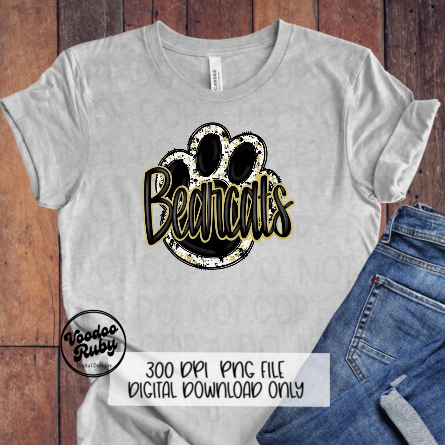 Bearcats PNG Design Sublimation Hand Drawn Digital Download Football PNG Black and Gold Paw Print Bearcats Football Mascot DTF Printable