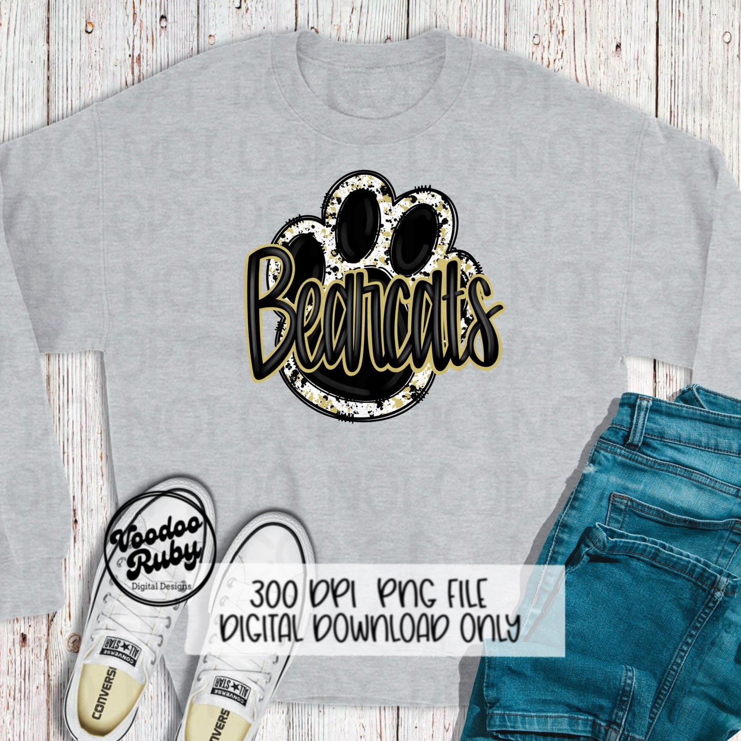 Bearcats PNG Design Sublimation Hand Drawn Digital Download Football PNG Black and Gold Paw Print Bearcats Football Mascot DTF Printable