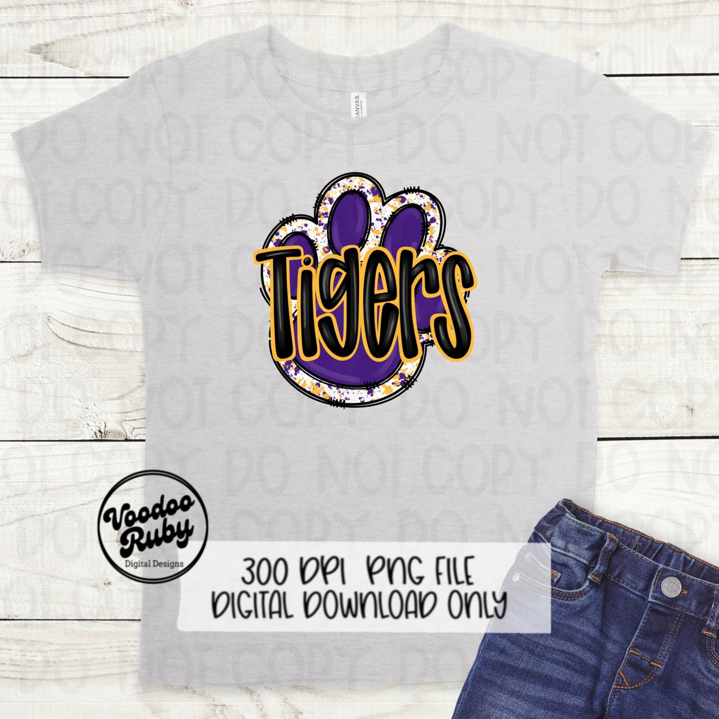 Tigers PNG Design Purple Gold Yellow Hand Drawn Digital Download Football PNG Paw Print Sublimation Design Tigers Football DTF Printable