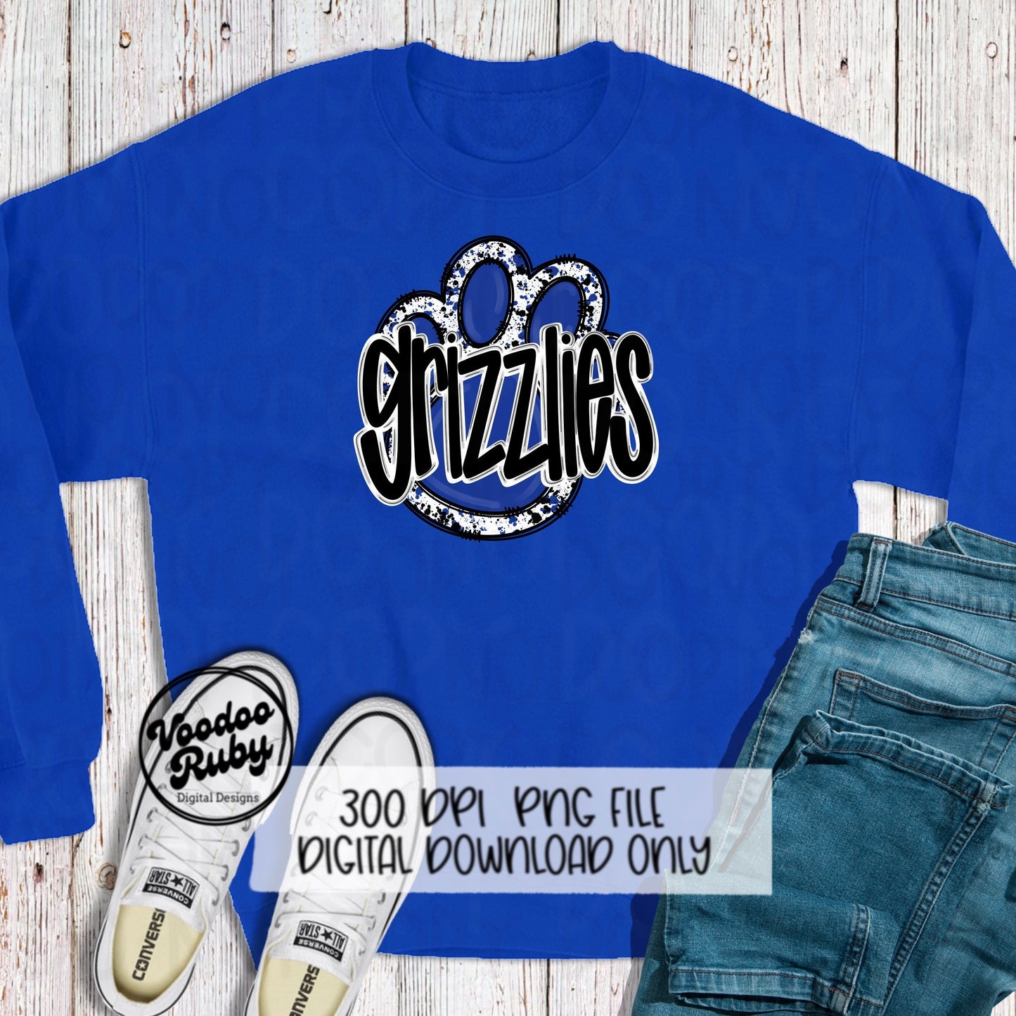 Grizzlies PNG Design Blue White Hand Drawn Digital Download Football PNG Paw Print Sublimation Design Grizzlies Football DTF Printable