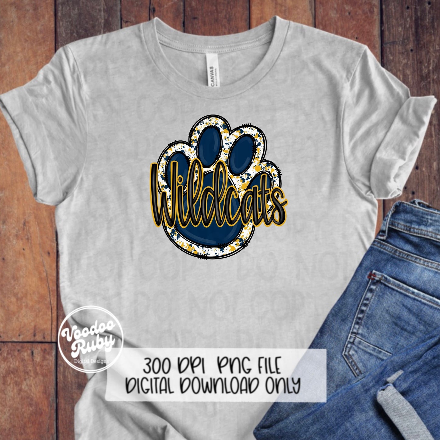 Wildcats PNG Design Sublimation Hand Drawn Digital Download Football PNG Blue Gold Wildcats Paw Print DTF Printable Clip Art
