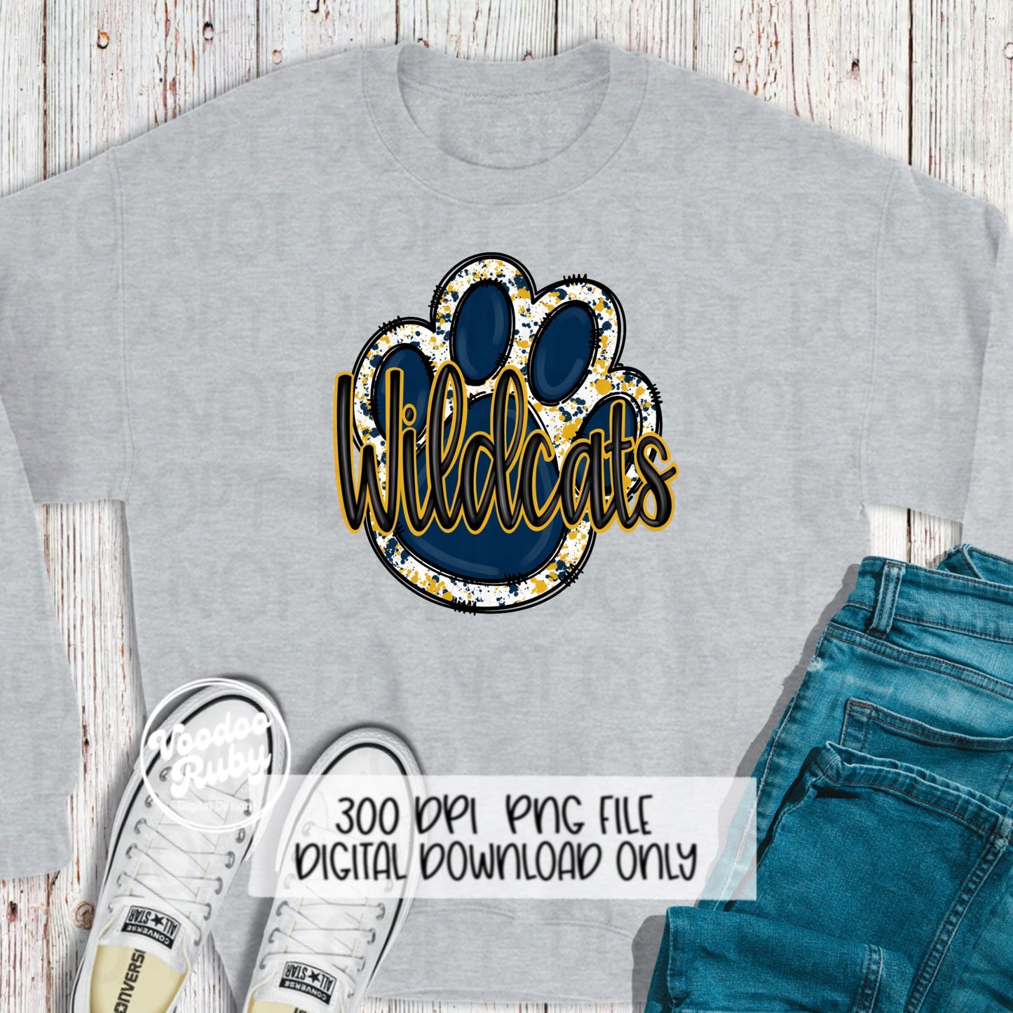Wildcats PNG Design Sublimation Hand Drawn Digital Download Football PNG Blue Gold Wildcats Paw Print DTF Printable Clip Art