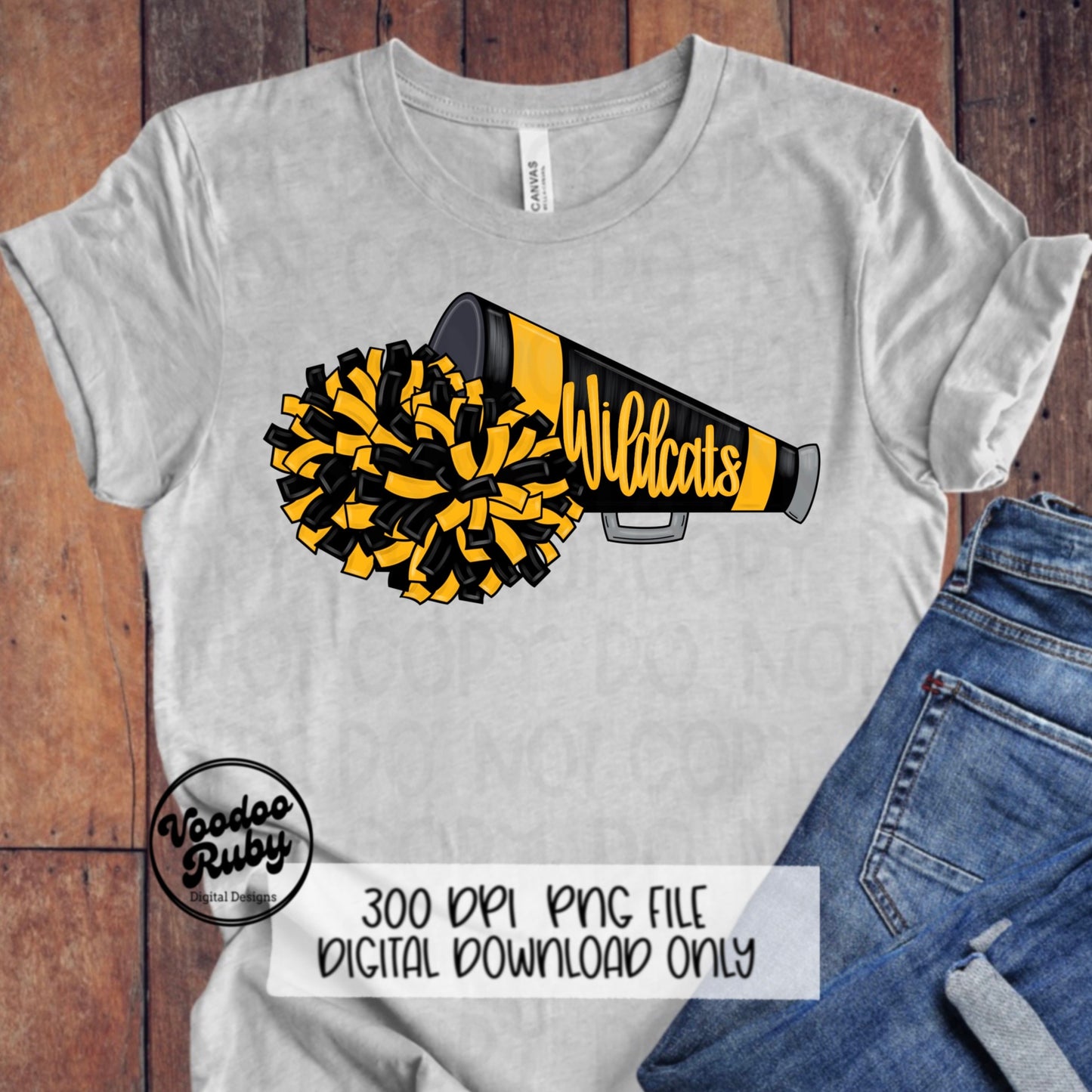 Wildcats Cheer PNG Design Sublimation Hand Drawn Digital Download Megaphone PNG Black Gold Wildcats Cheerleader png DTF Printable