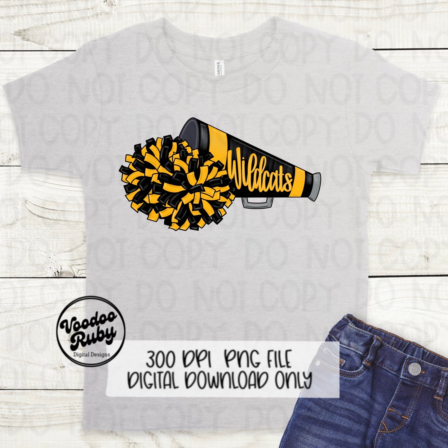 Wildcats Cheer PNG Design Sublimation Hand Drawn Digital Download Megaphone PNG Black Gold Wildcats Cheerleader png DTF Printable