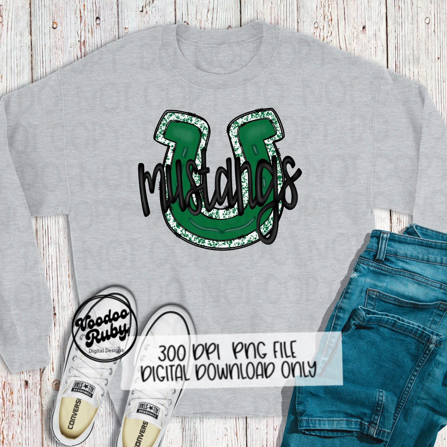 Mustangs PNG Design Hand Drawn Digital Download Football PNG Mustangs Sublimation Design Green Mustangs Football DTF Printable