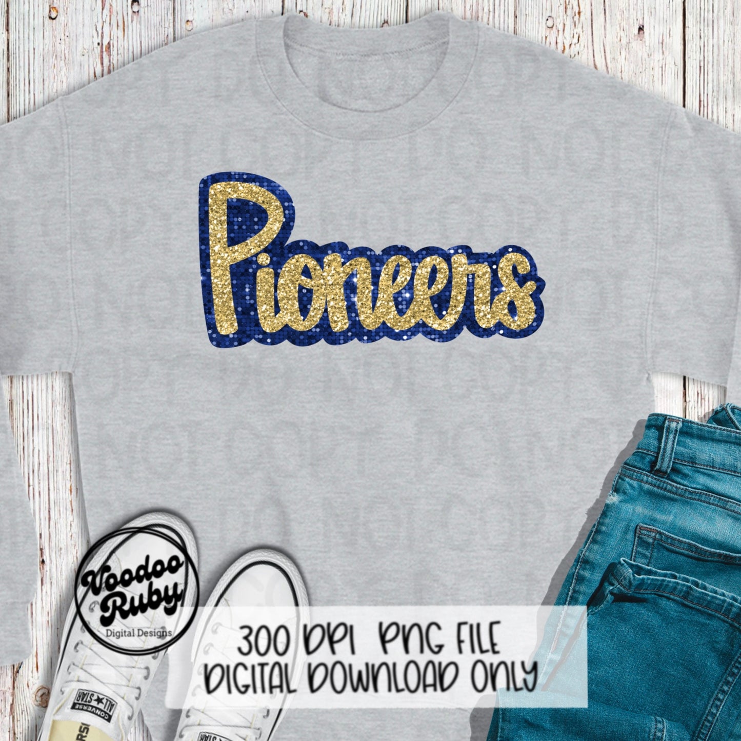 Glitter Pioneers PNG Design Sublimation Sequin Hand Drawn Digital Download Faux Sequins PNG Blue Gold Pioneers Football DTF Printable