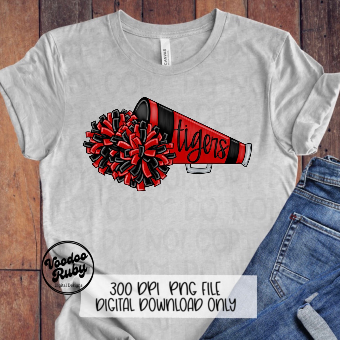 Tigers Cheer PNG Design Hand Drawn Digital Download Football PNG Sublimation Tigers Cheerleader png Clip Art Megaphone DTF Printable