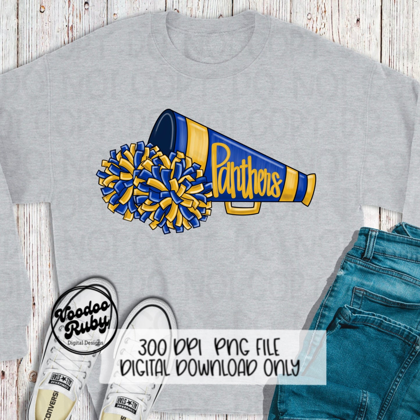 Panthers Cheer PNG Design Sublimation Hand Drawn Digital Download Football PNG Blue Gold Panthers Cheerleader Megaphone DTF Printable