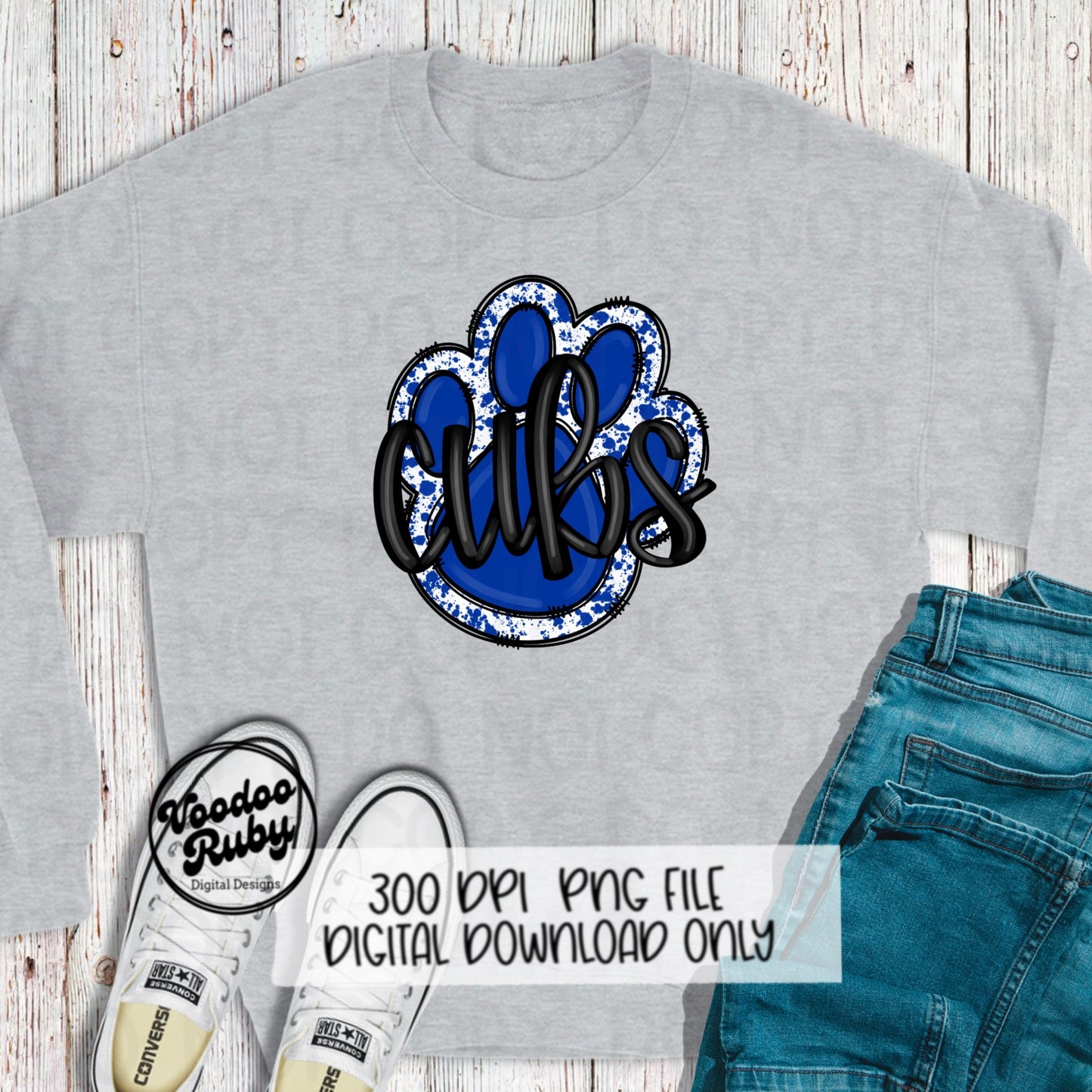 Cubs PNG Design Hand Drawn Digital Download Football PNG Blue Cubs Paw Print Sublimation DTF Printable Cubs Mascot png Clip Art