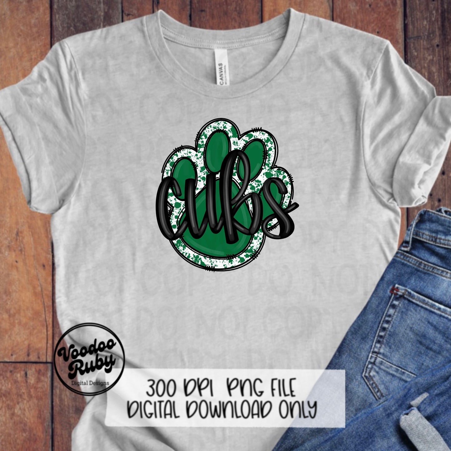 Cubs PNG Design Hand Drawn Digital Download Football PNG Green Cubs Paw Print Sublimation DTF Printable Cubs Mascot png Clip Art