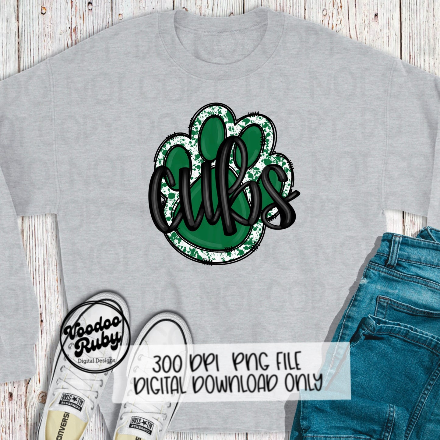 Cubs PNG Design Hand Drawn Digital Download Football PNG Green Cubs Paw Print Sublimation DTF Printable Cubs Mascot png Clip Art