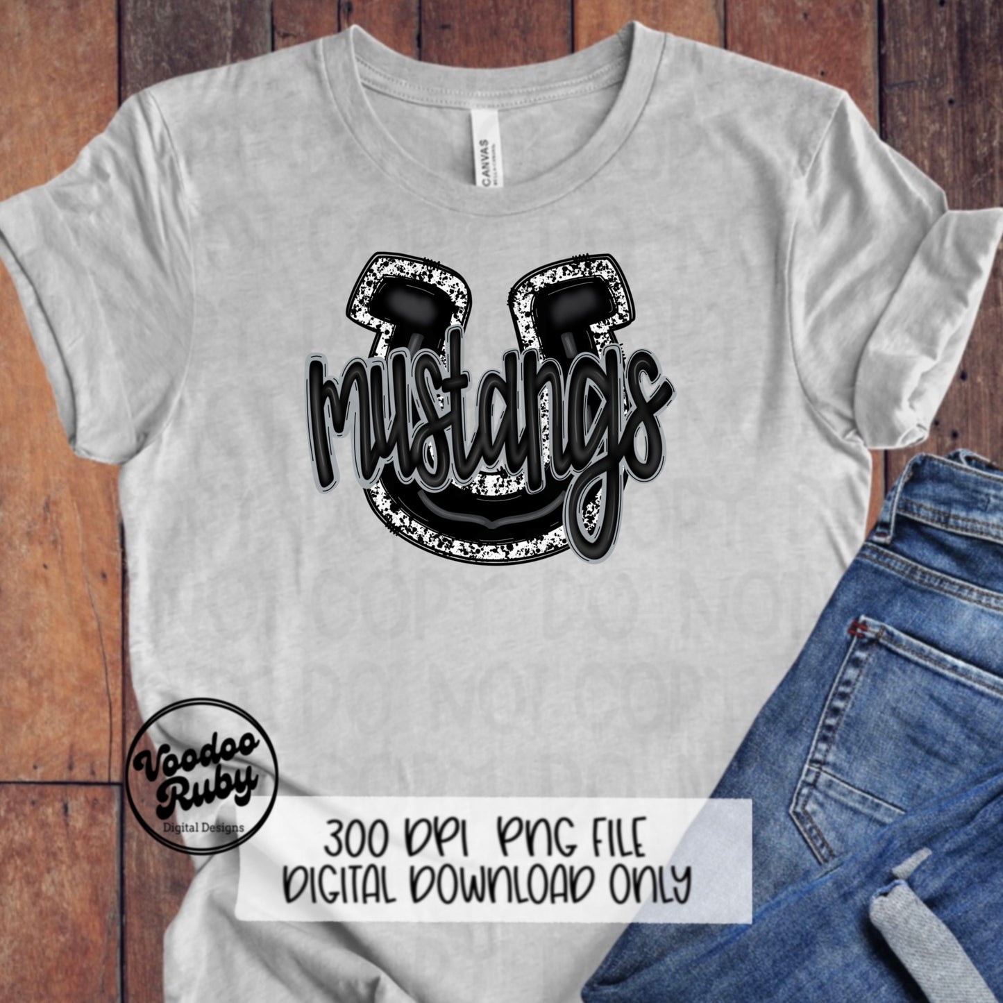 Mustangs PNG Design Sublimation Hand Drawn Digital Download Football PNG Mustangs Black White Football Mascot DTF Printable