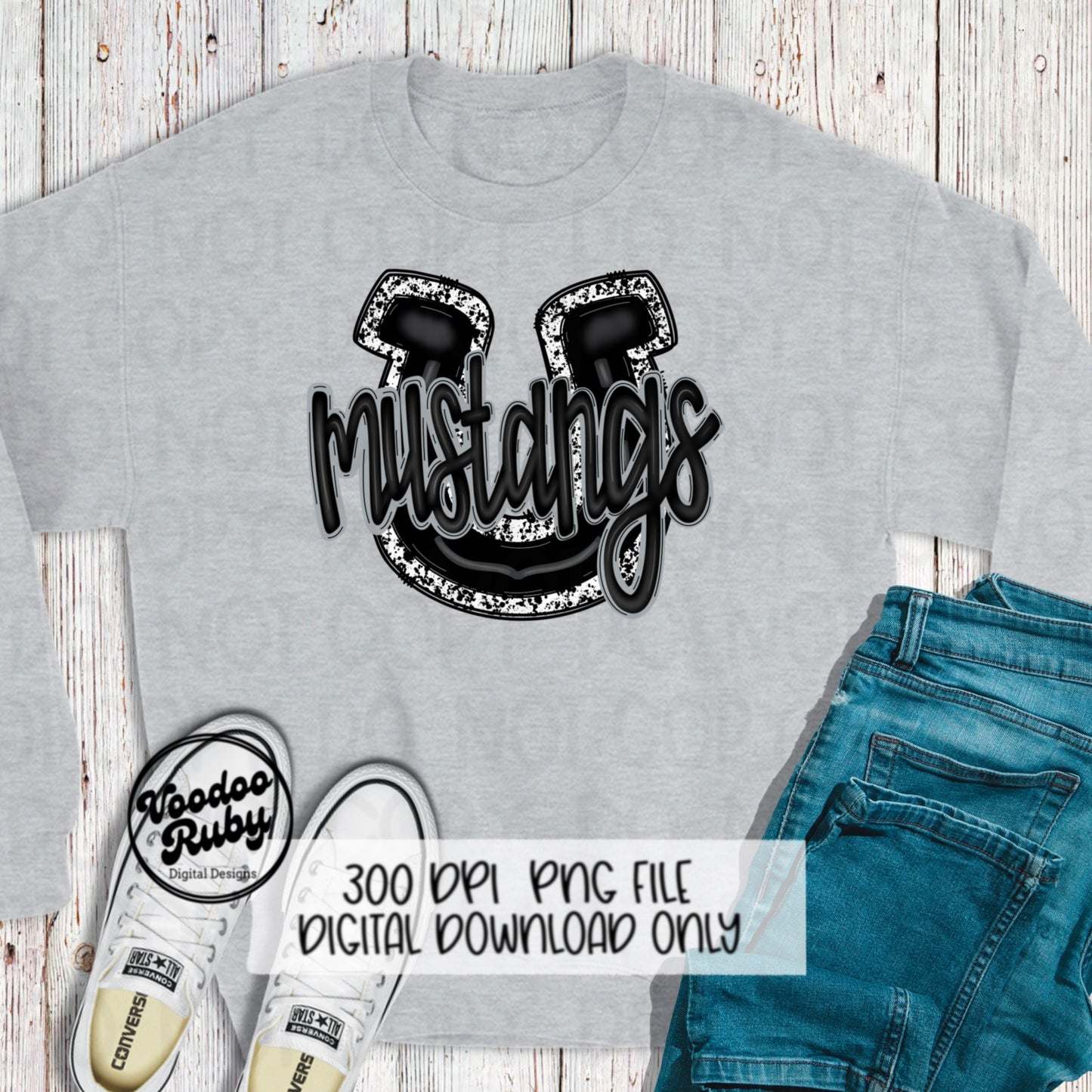 Mustangs PNG Design Sublimation Hand Drawn Digital Download Football PNG Mustangs Black White Football Mascot DTF Printable