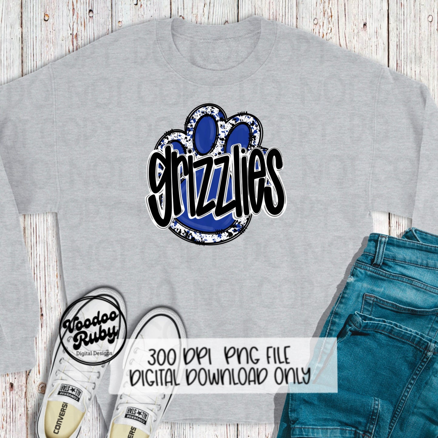 Grizzlies PNG Design Blue White Hand Drawn Digital Download Football PNG Paw Print Sublimation Design Grizzlies Football DTF Printable