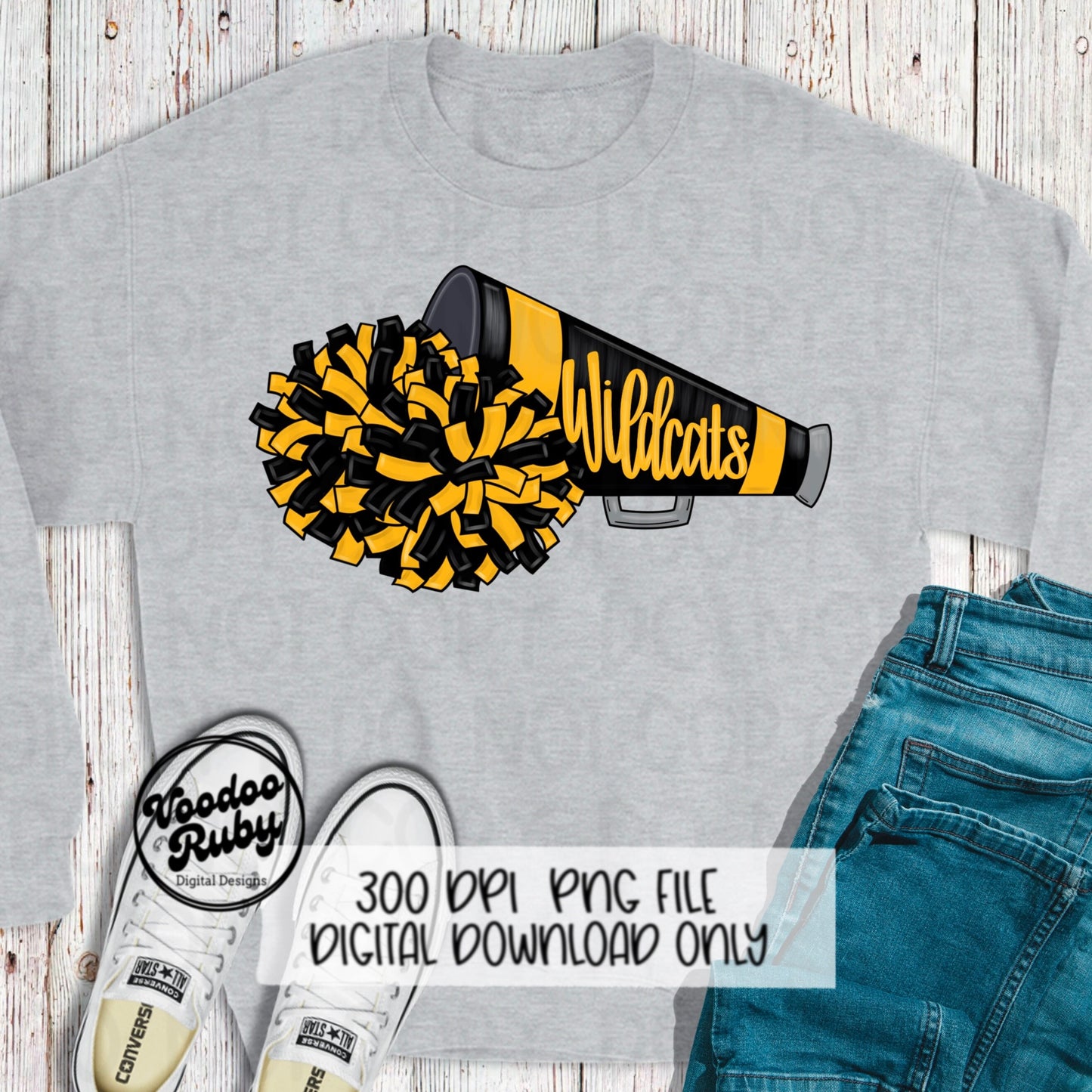 Wildcats Cheer PNG Design Sublimation Hand Drawn Digital Download Megaphone PNG Black Gold Wildcats Cheerleader png DTF Printable