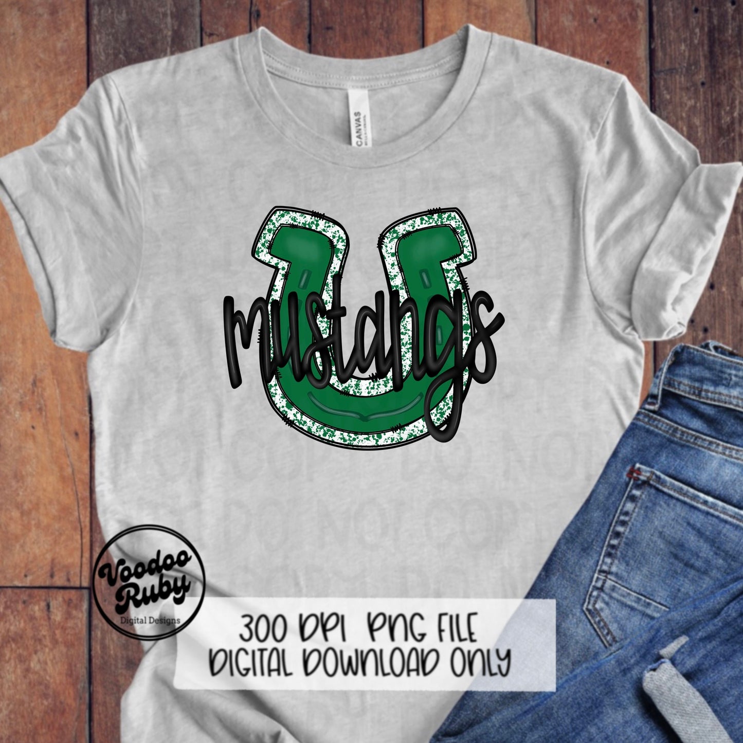 Mustangs PNG Design Hand Drawn Digital Download Football PNG Mustangs Sublimation Design Green Mustangs Football DTF Printable