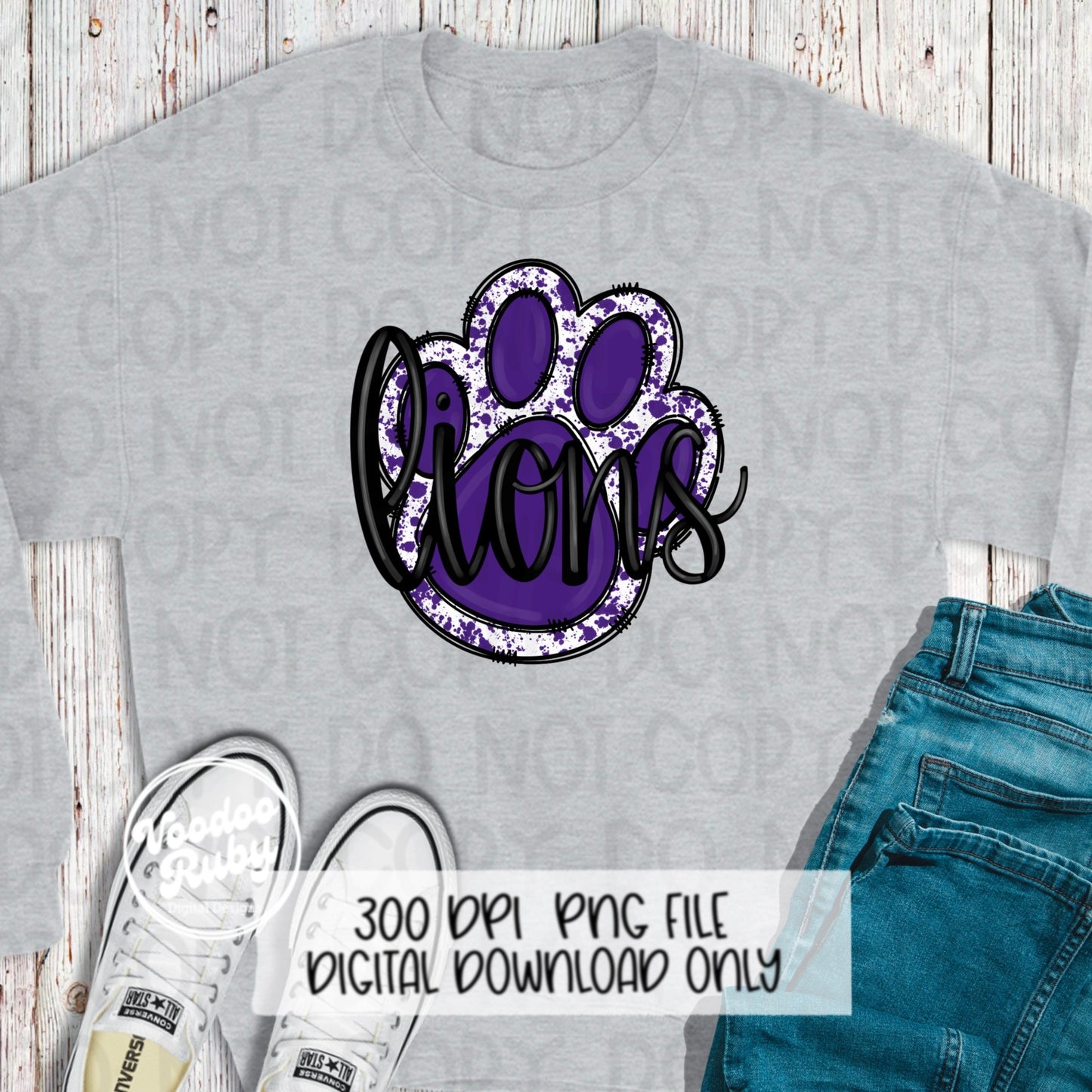 Lions PNG Design Sublimation Hand Drawn Digital Download Lions Football PNG Purple Paw Lions Mascot DTF Printable