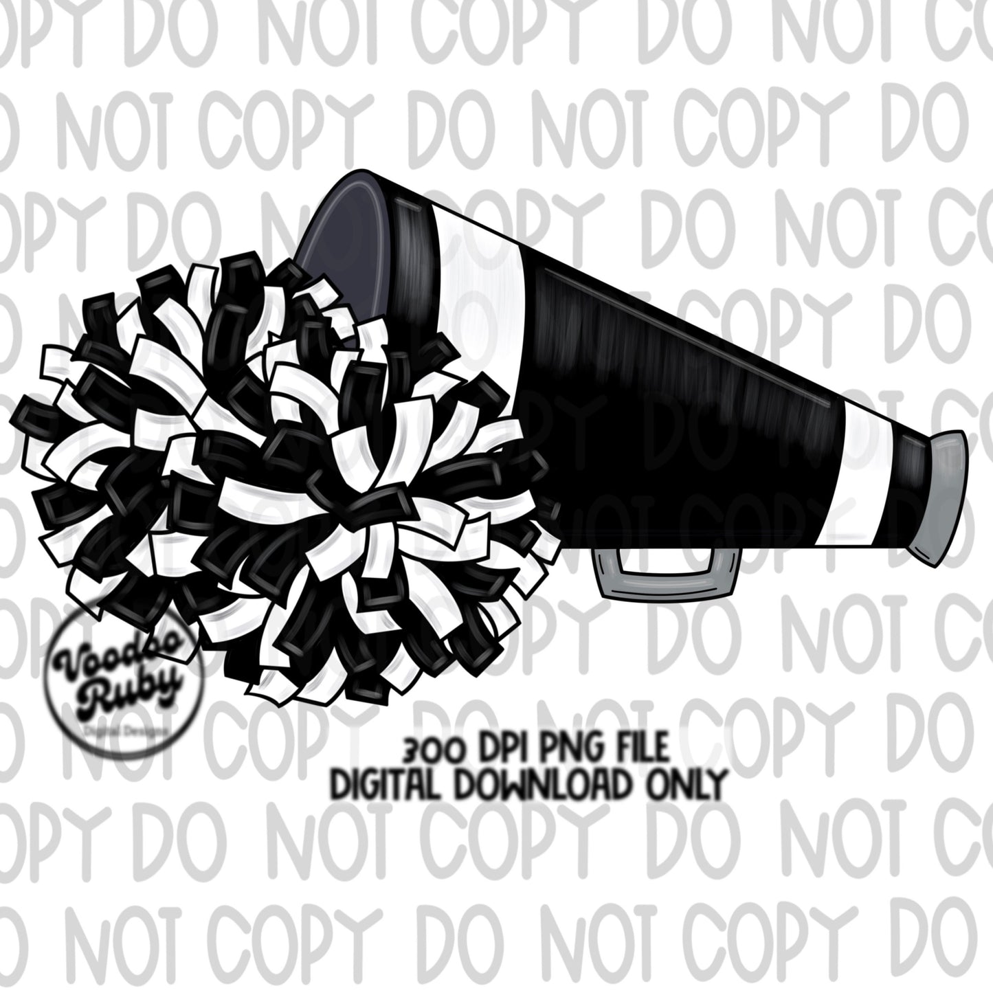 Black White Cheer PNG Design Sublimation Hand Drawn Digital Download PNG Cheerleader Megaphone png Clip Art Football DTF Printable
