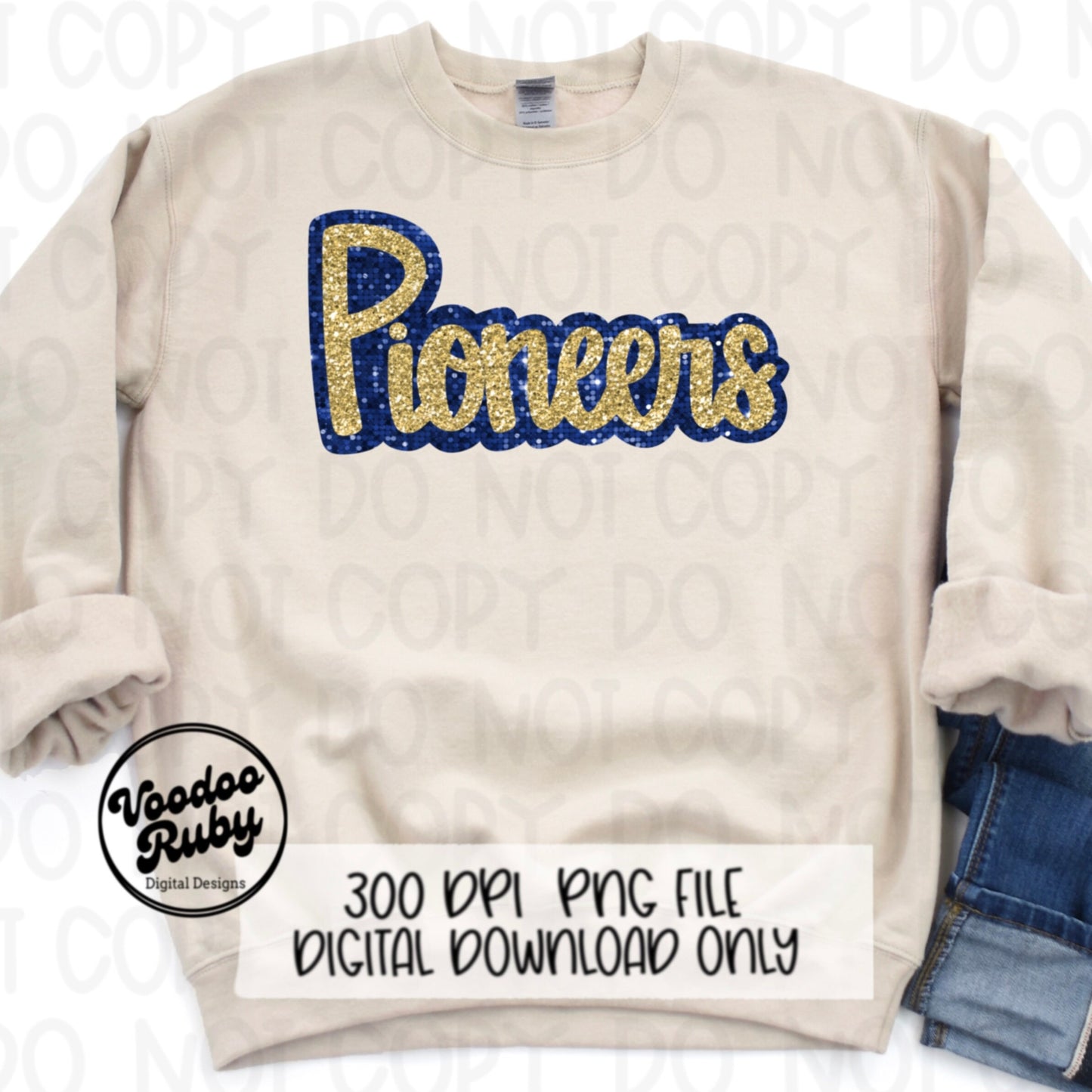 Glitter Pioneers PNG Design Sublimation Sequin Hand Drawn Digital Download Faux Sequins PNG Blue Gold Pioneers Football DTF Printable