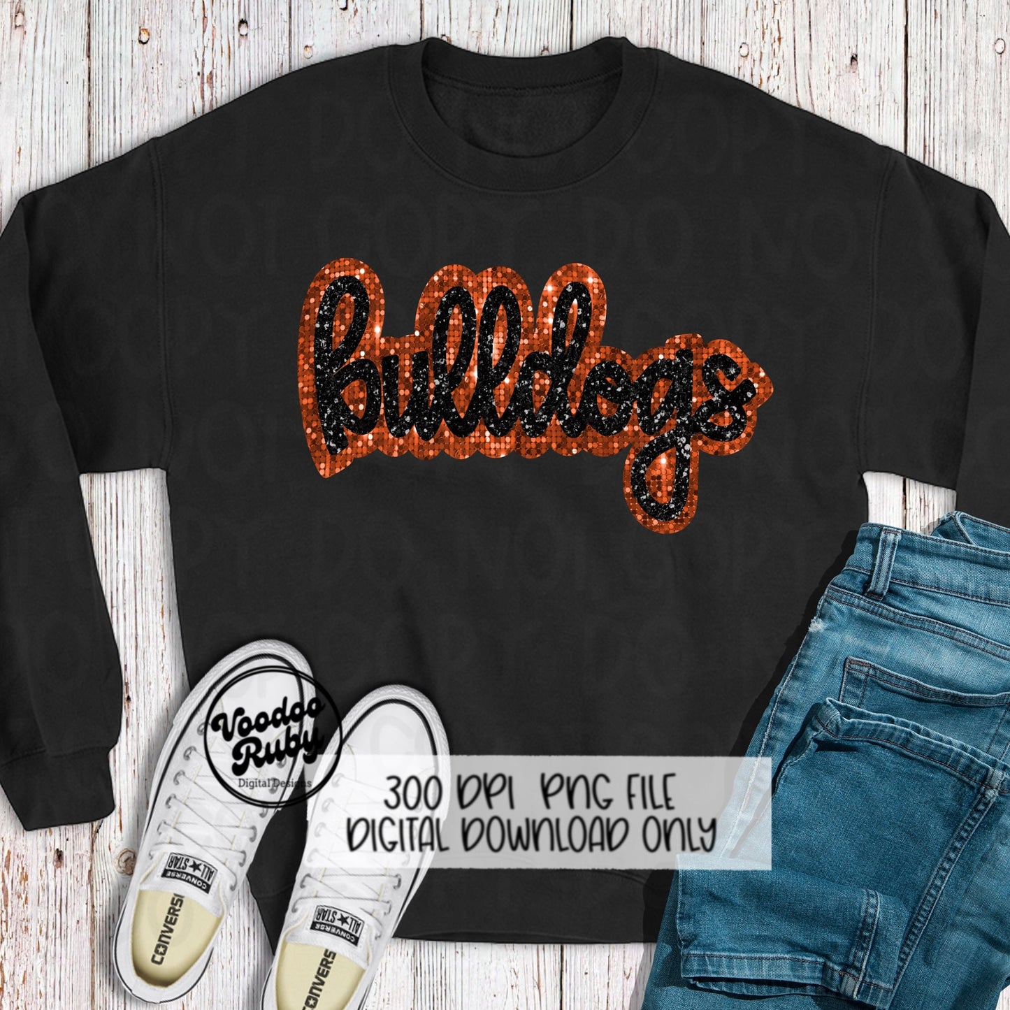 Bulldogs PNG Design Sequin Mascot Faux Appliqué Hand Drawn Digital Download Sublimation Football Sequins Black Orange Bulldogs DTF Printable