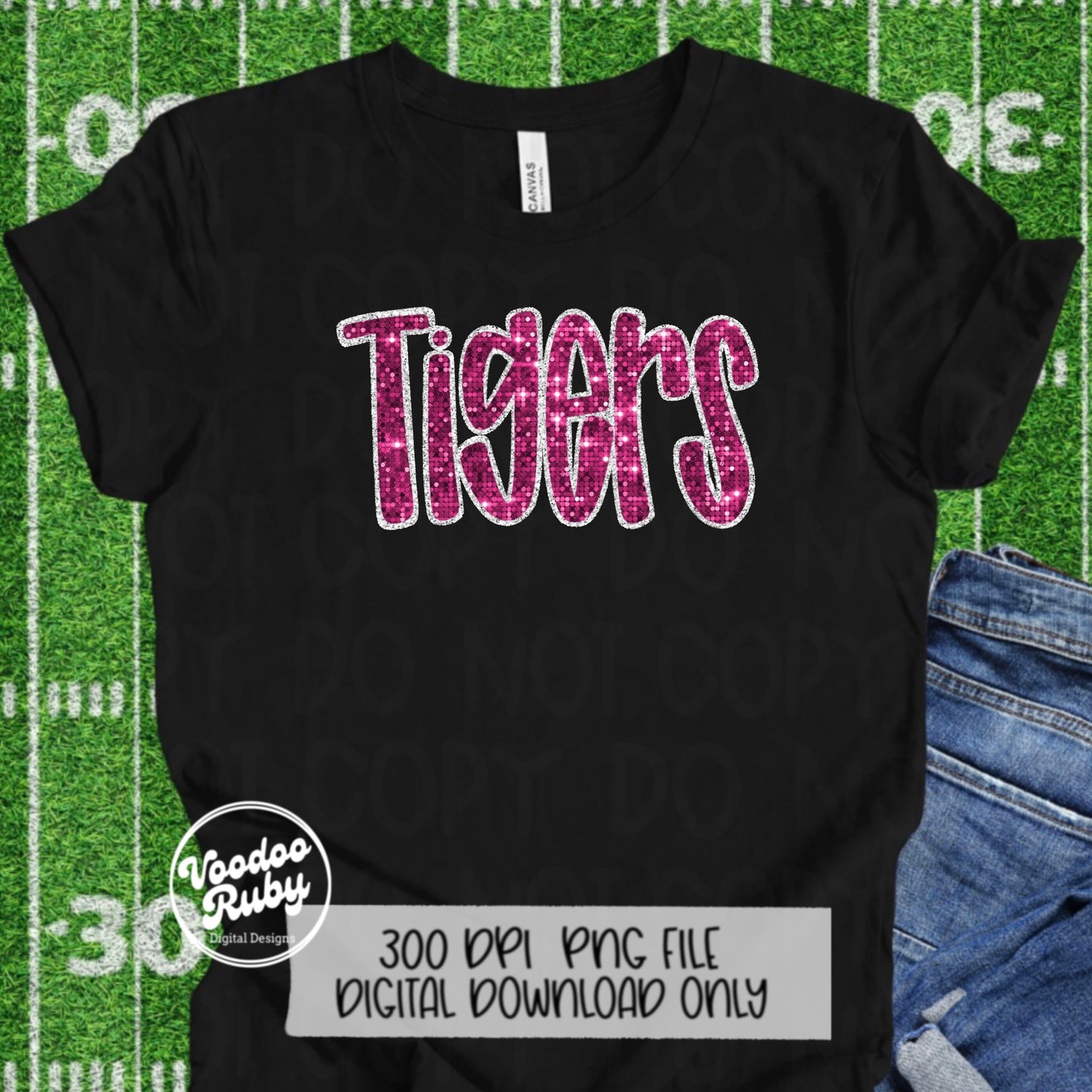 Pink Tigers PNG Sequin Design Sublimation Hand Drawn Digital Download Faux Sequins Patch PNG Printable Appliqué Tigers Football DTF October