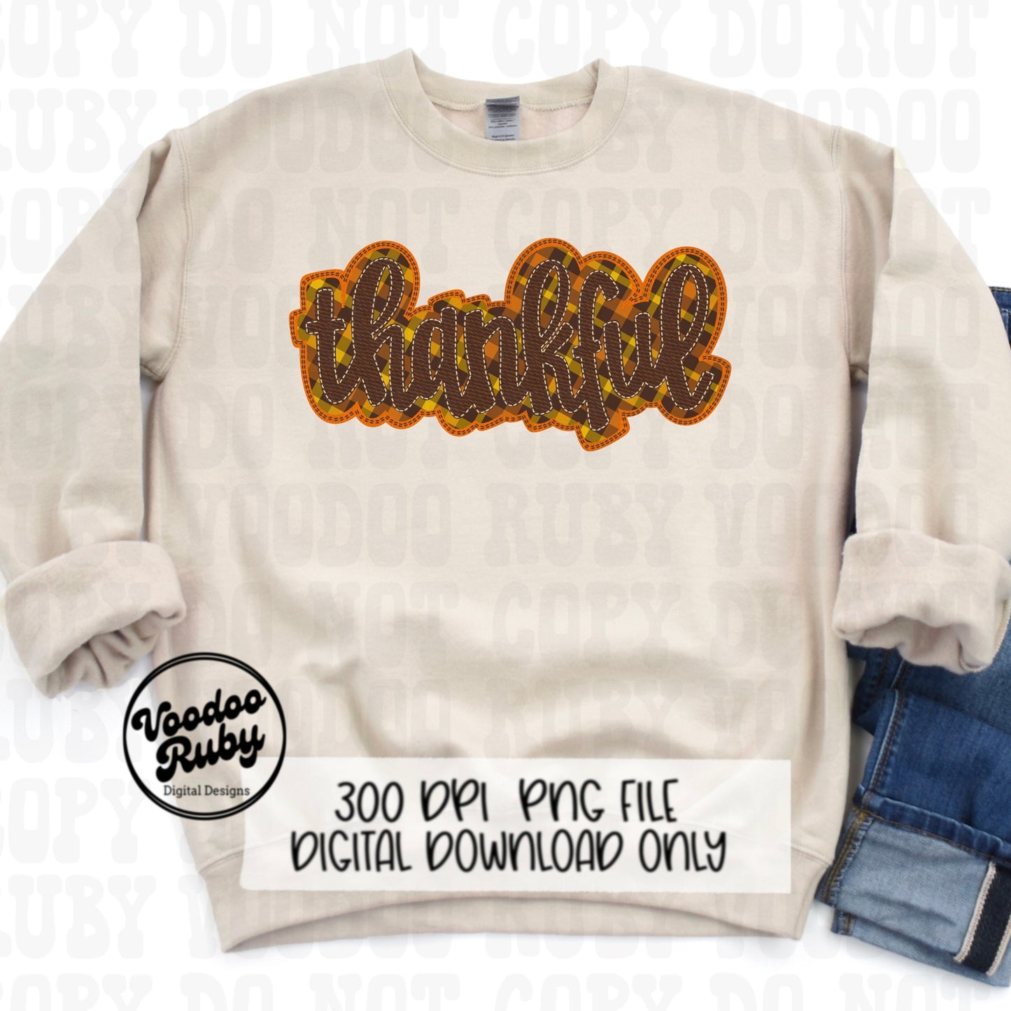 Thankful PNG Design Faux Applique Thanksgiving PNG Hand Drawn Digital Download Sublimation PNG Thanksgiving dtf printable Faux Embroidery