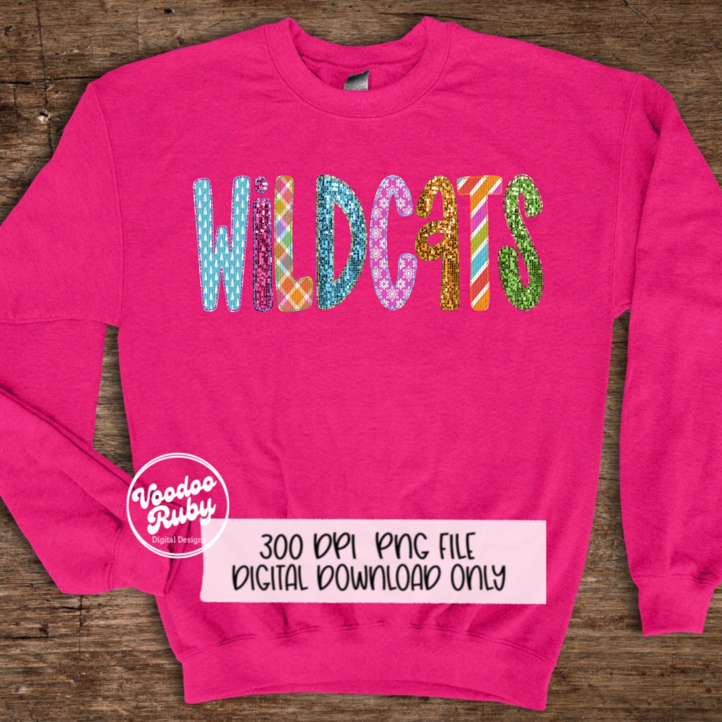 Christmas Wildcats PNG Design Sublimation Faux Embroidery PNG Faux Sequins Christmas Mascot Sublimation Pink Wildcats DTF Printable