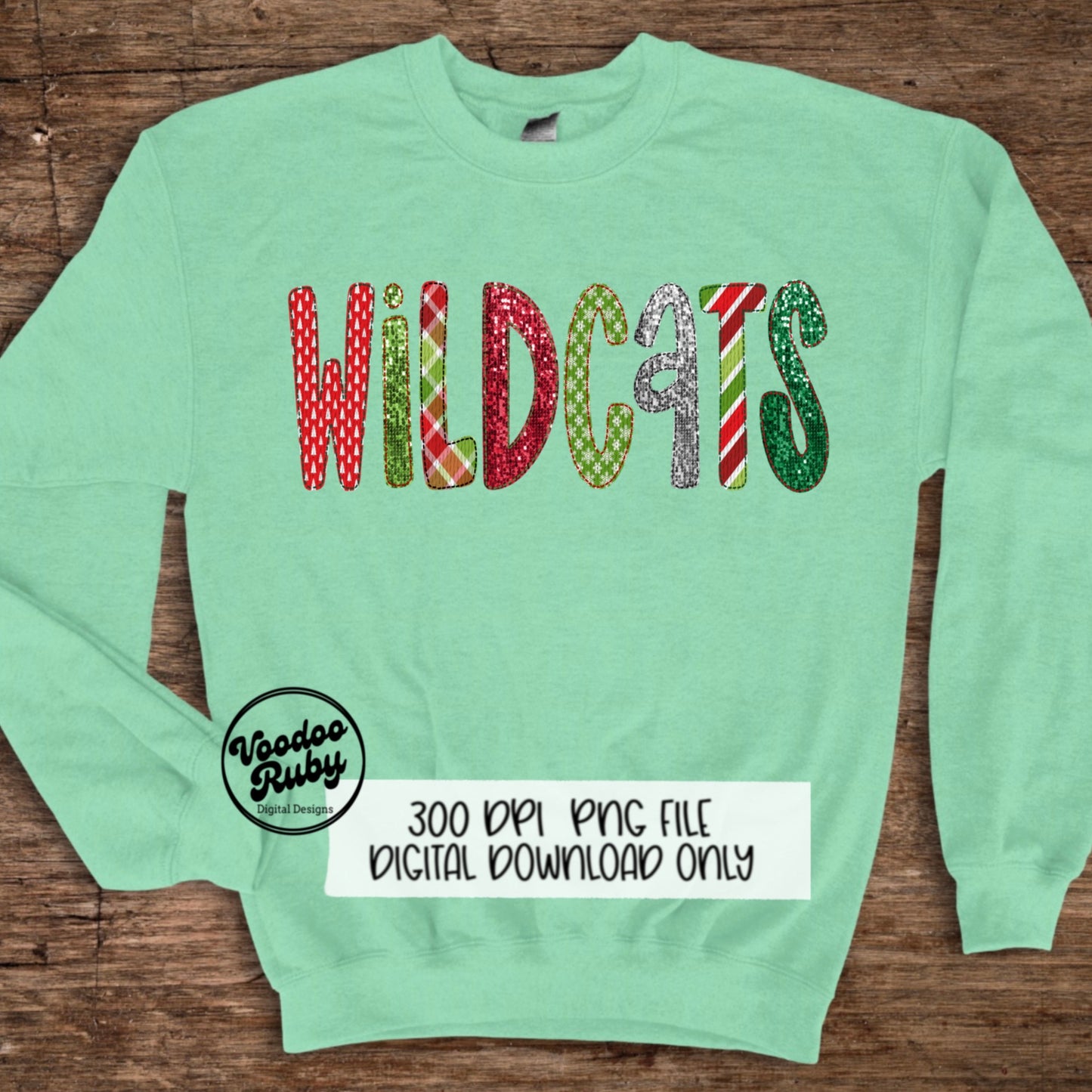 Christmas Wildcats PNG Design Sublimation Sequins Hand Drawn Digital Download Faux Embroidery PNG Christmas Mascot Wildcats DTF Printable