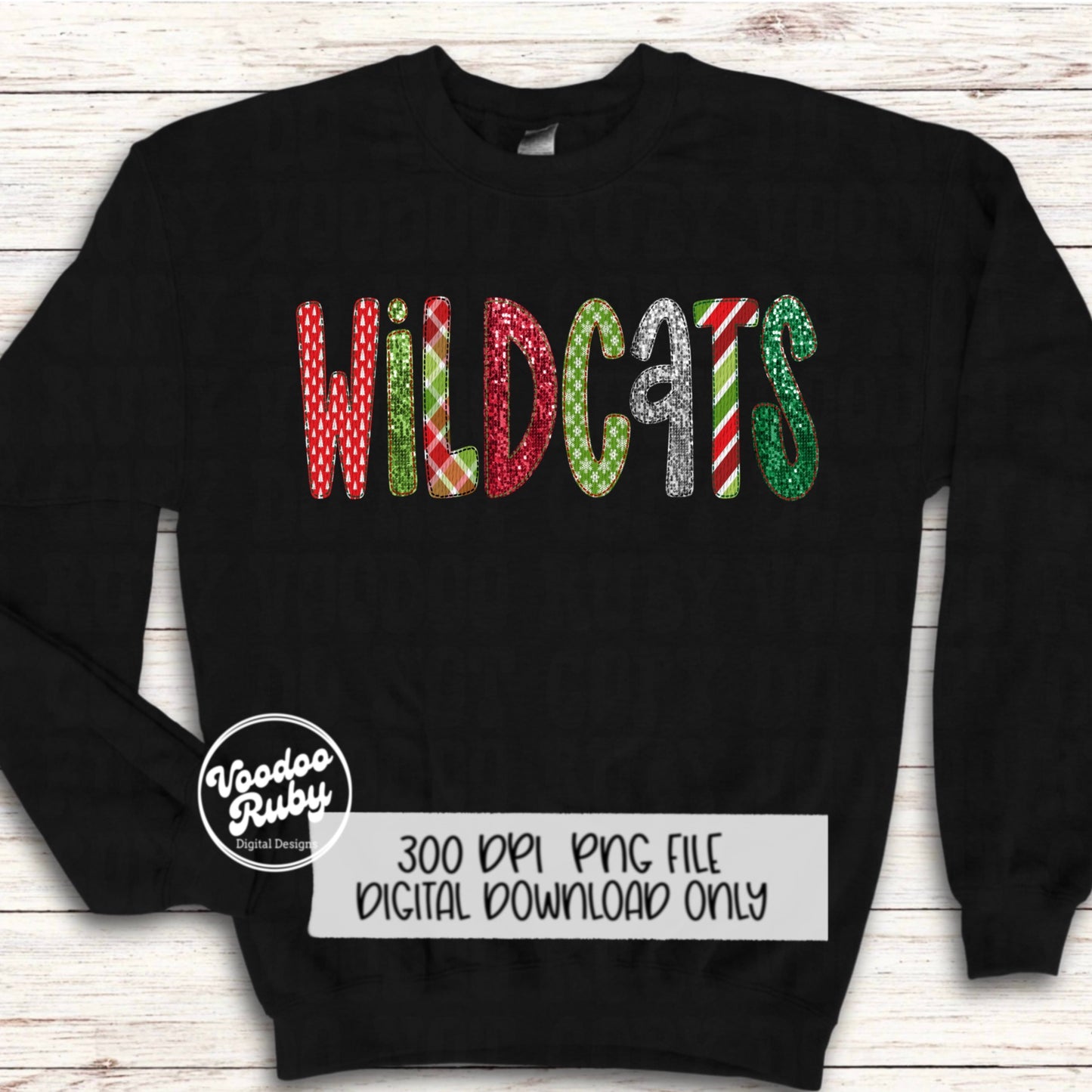 Christmas Wildcats PNG Design Sublimation Sequins Hand Drawn Digital Download Faux Embroidery PNG Christmas Mascot Wildcats DTF Printable