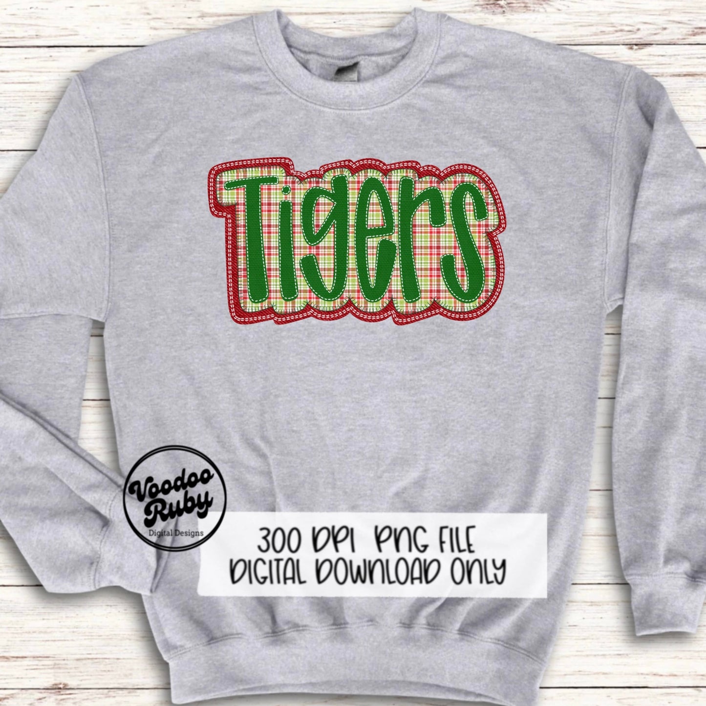 Christmas Tigers PNG Design Sublimation Hand Drawn Digital Download Faux Embroidery PNG Christmas Mascot Red Green Tigers DTF Printable