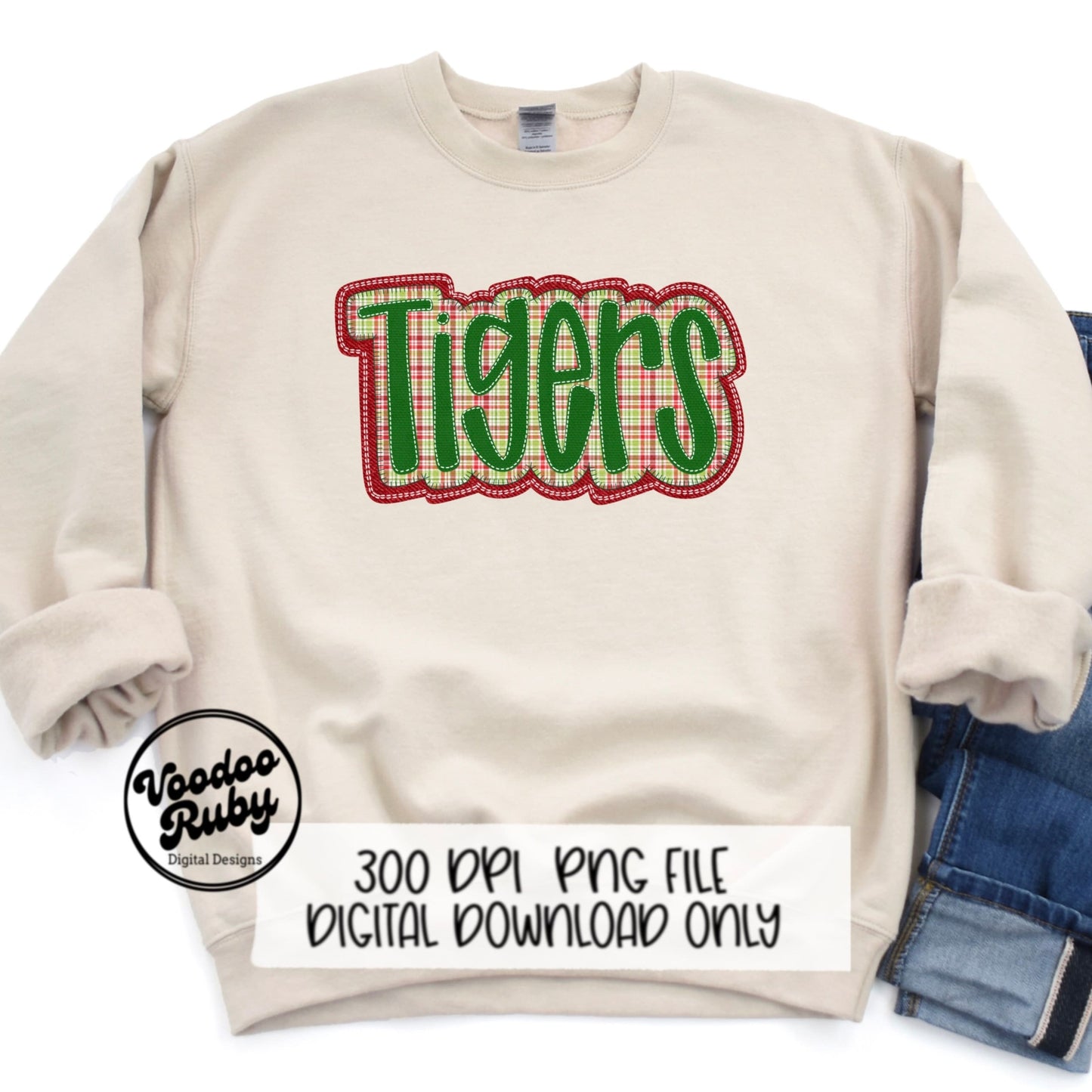 Christmas Tigers PNG Design Sublimation Hand Drawn Digital Download Faux Embroidery PNG Christmas Mascot Red Green Tigers DTF Printable