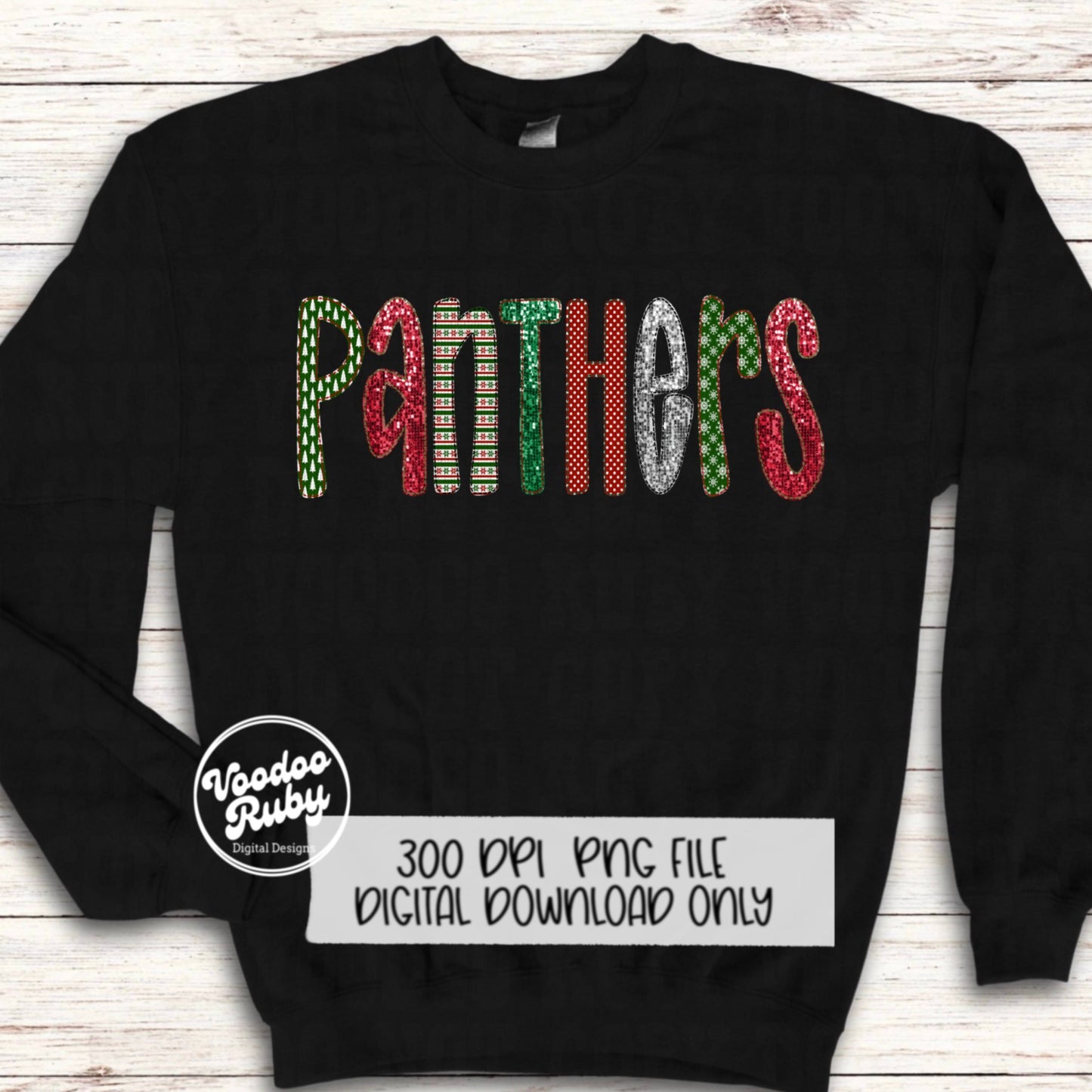 Christmas Panthers PNG Design Sublimation Digital Download Faux Embroidery PNG Faux Sequins Christmas Mascot Panthers DTF Printable