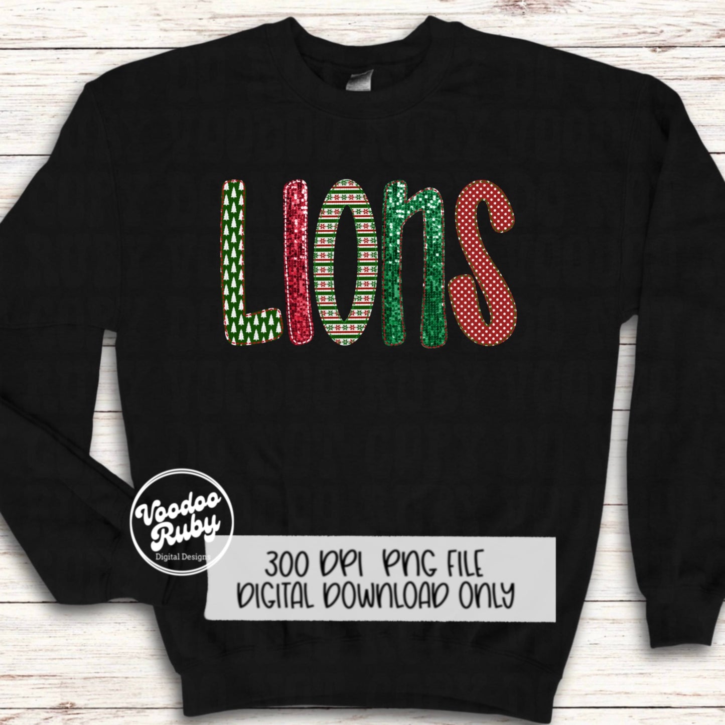 Christmas Lions PNG Design Sublimation Digital Download Faux Embroidery PNG Faux Sequins Christmas Mascot Lions DTF Printable
