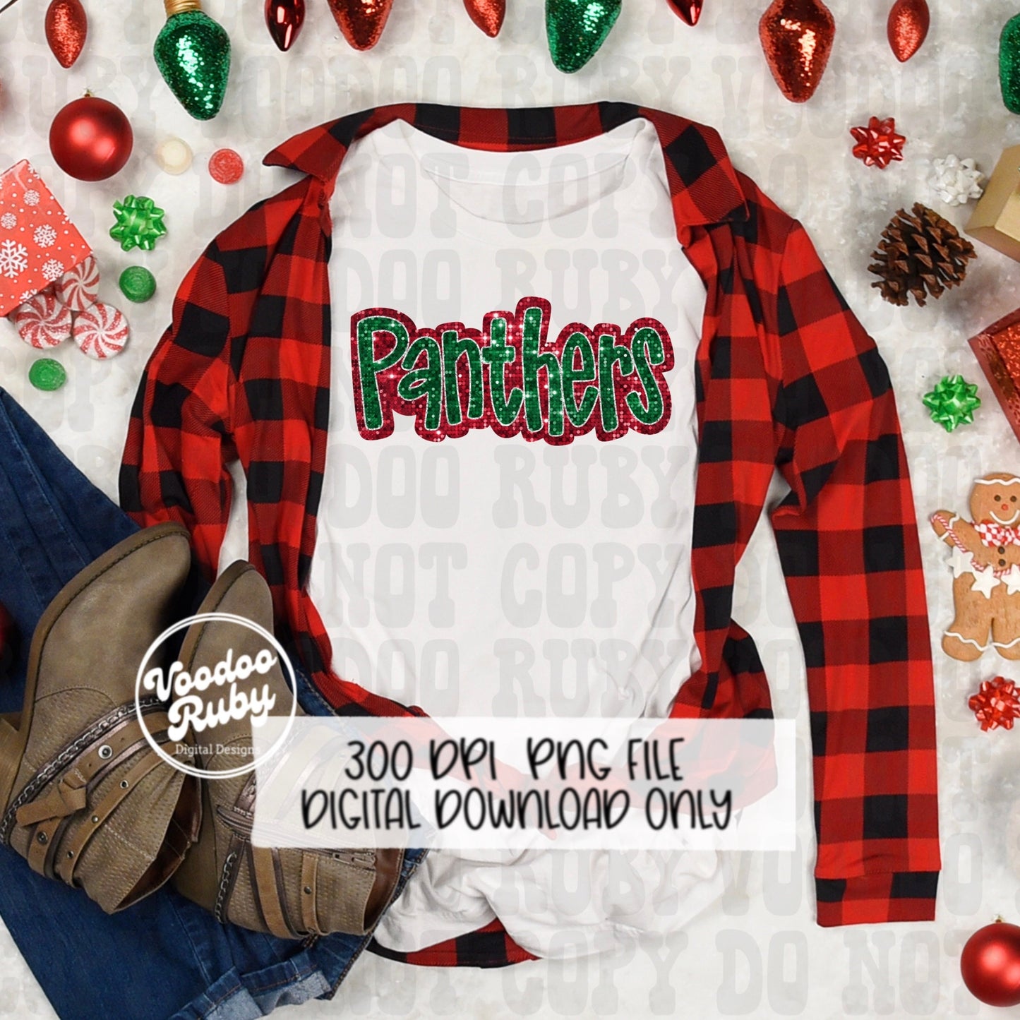 Christmas Panthers PNG Design Sublimation Sequin Hand Drawn Digital Download Glitter PNG Christmas Panthers Mascot DTF Printable