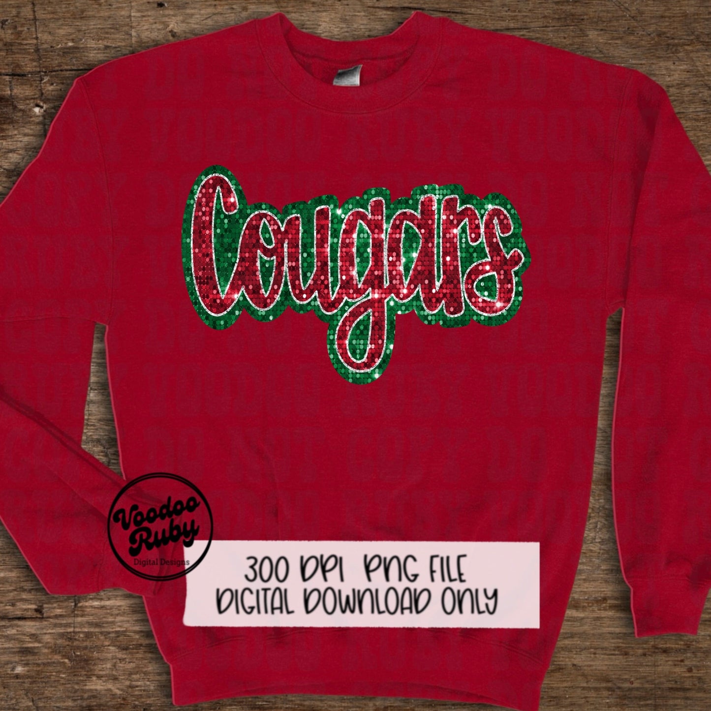 Christmas Cougars PNG Design Sublimation Sequin Hand Drawn Digital Download Glitter PNG Christmas Cougars Mascot DTF Printable
