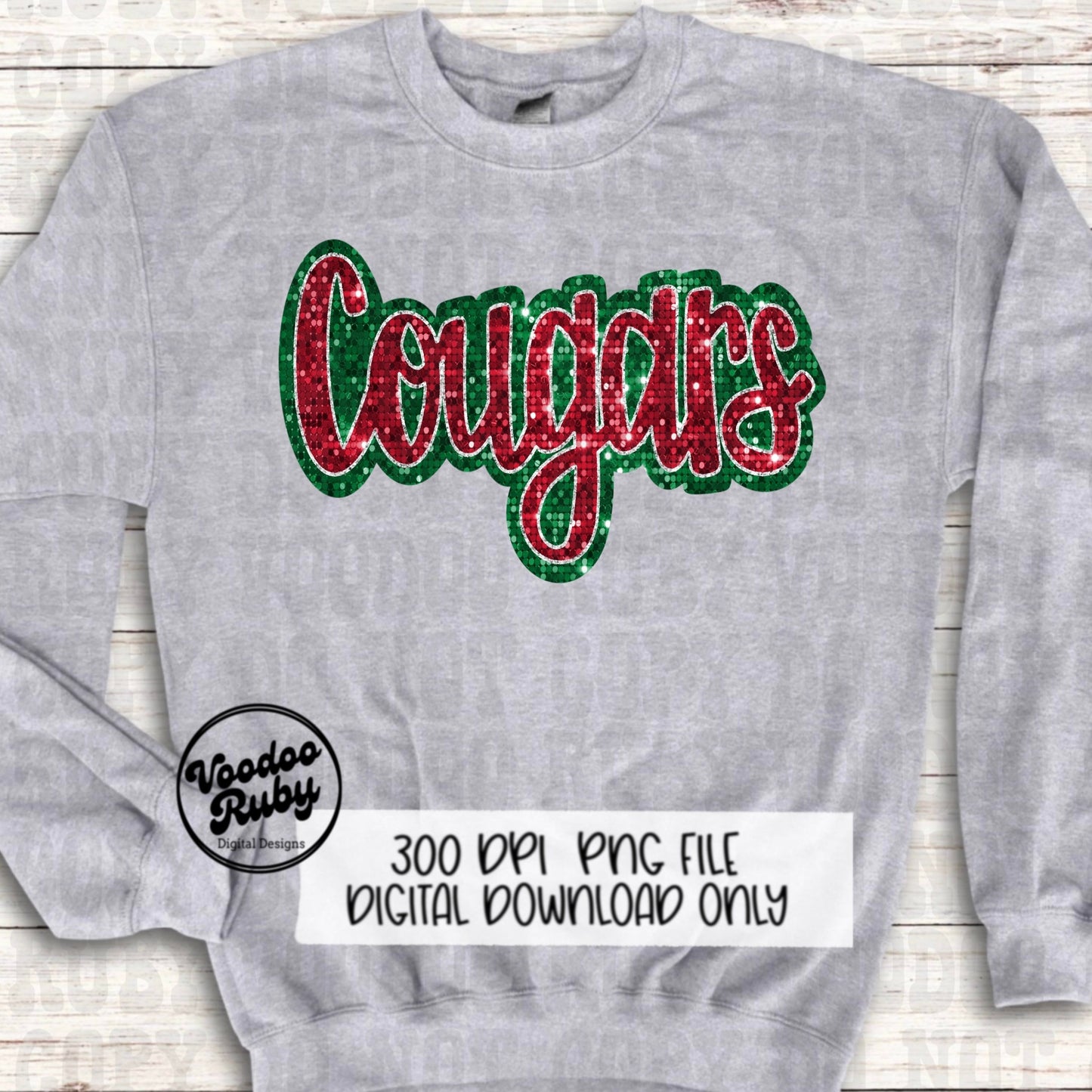 Christmas Cougars PNG Design Sublimation Sequin Hand Drawn Digital Download Glitter PNG Christmas Cougars Mascot DTF Printable