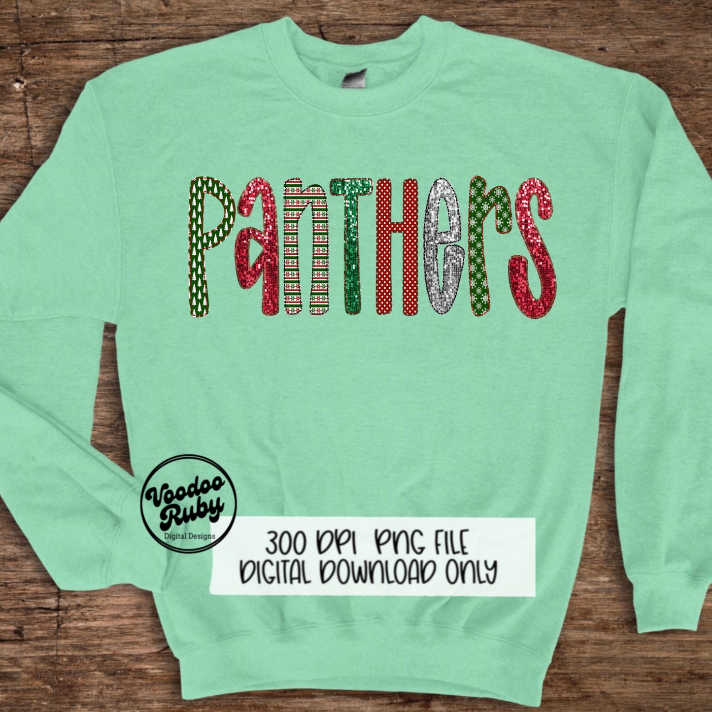 Christmas Panthers PNG Design Sublimation Digital Download Faux Embroidery PNG Faux Sequins Christmas Mascot Panthers DTF Printable