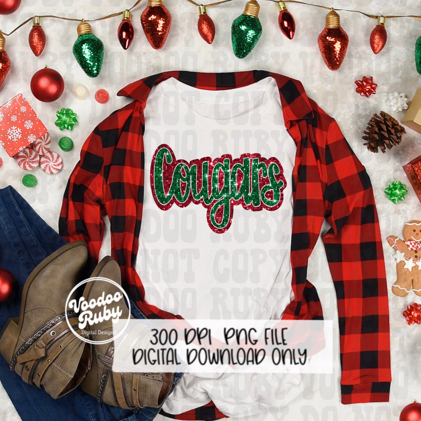 Christmas Cougars PNG Design Sublimation Sequin Hand Drawn Digital Download Glitter PNG Christmas Cougars Mascot DTF Printable