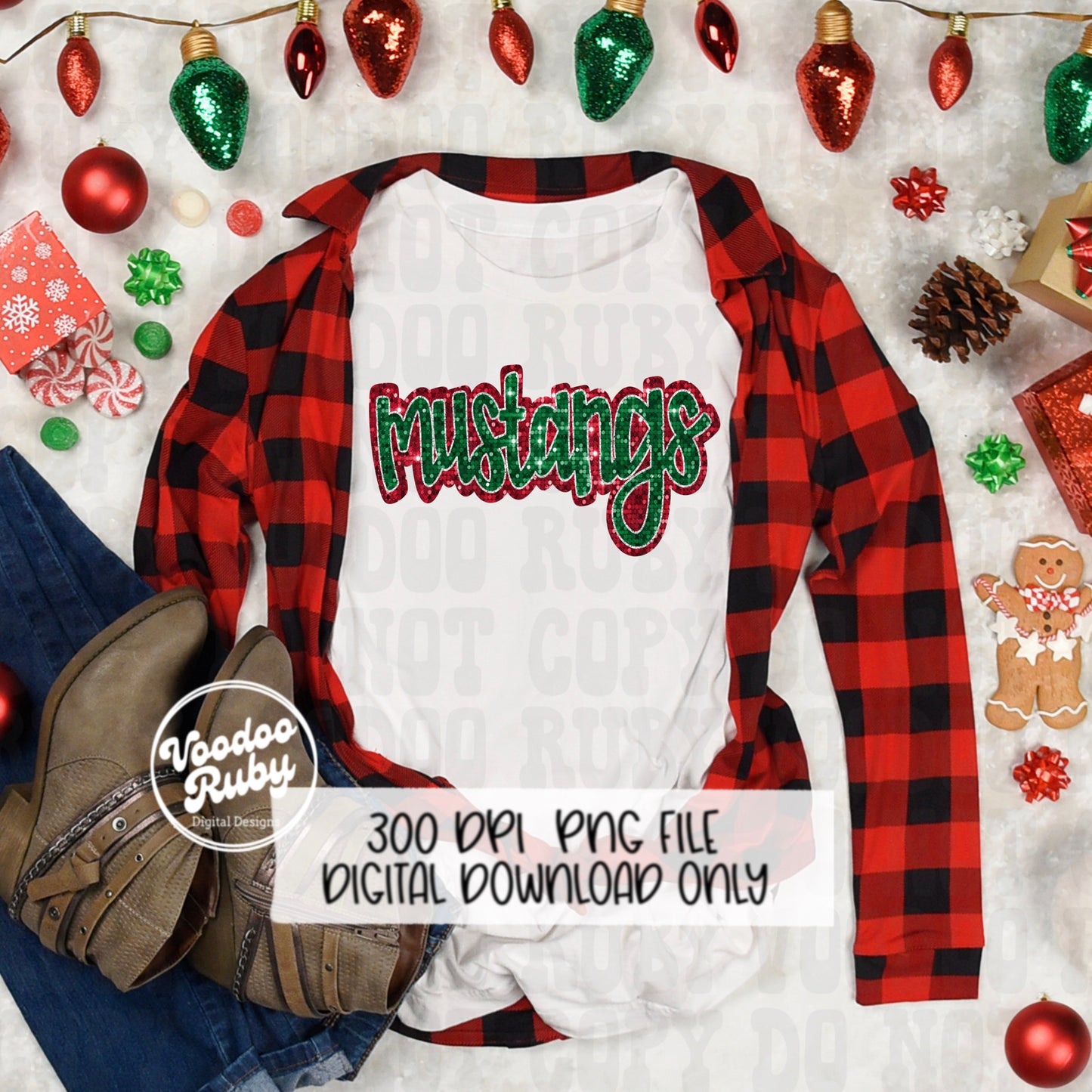 Christmas Mustangs PNG Design Sublimation Sequins Hand Drawn Digital Download Faux Sequins PNG Glitter Mustangs Mascot DTF Printable