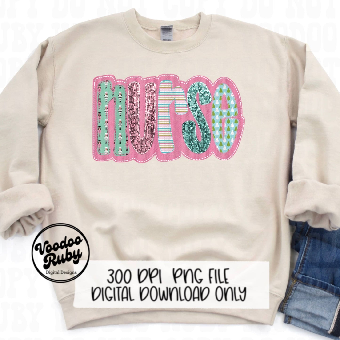 Sequin Pink Nurse PNG Design Sublimation Digital Download Merry Christmas PNG Faux Sequins Faux Embroidery Nurse DTF Christmas