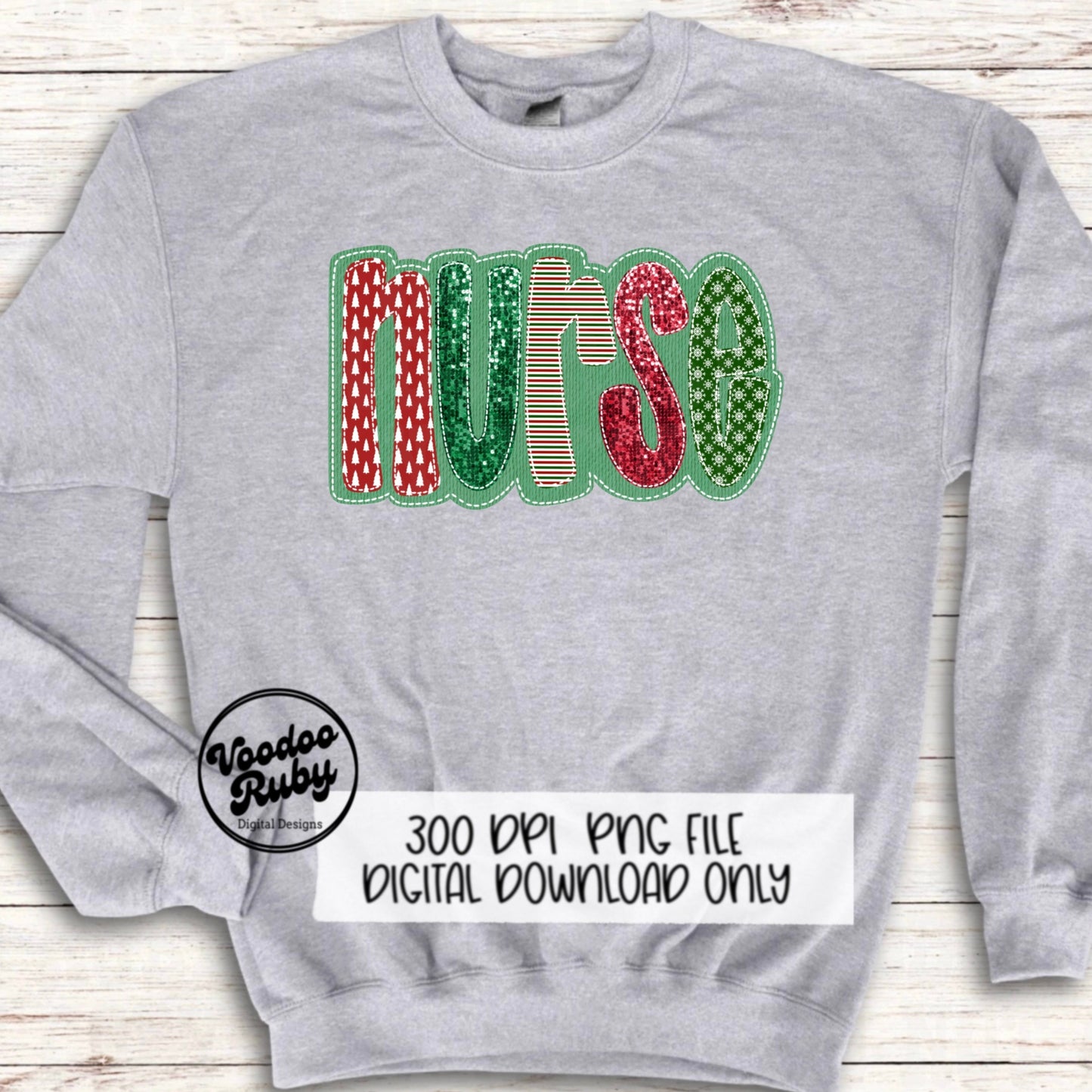 Sequin Nurse PNG Design Merry Christmas PNG Faux Sequins Faux Faux Embroidery Nurse DTF Christmas Sublimation Digital Download