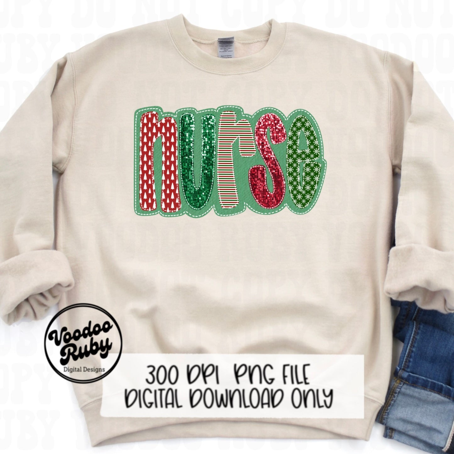 Sequin Nurse PNG Design Merry Christmas PNG Faux Sequins Faux Faux Embroidery Nurse DTF Christmas Sublimation Digital Download