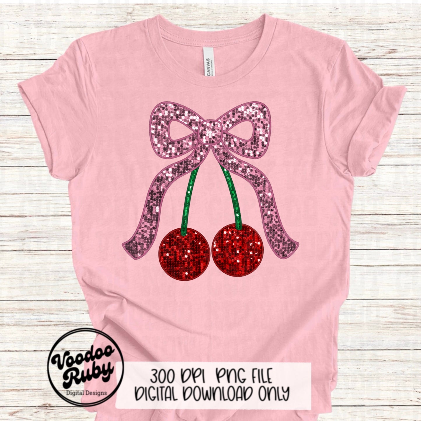 Sequin Pink Bow Cherries PNG Design Sublimation Hand Drawn Digital Download Coquette Pink Bow Cherries PNG Faux Embroidery DTF Printable