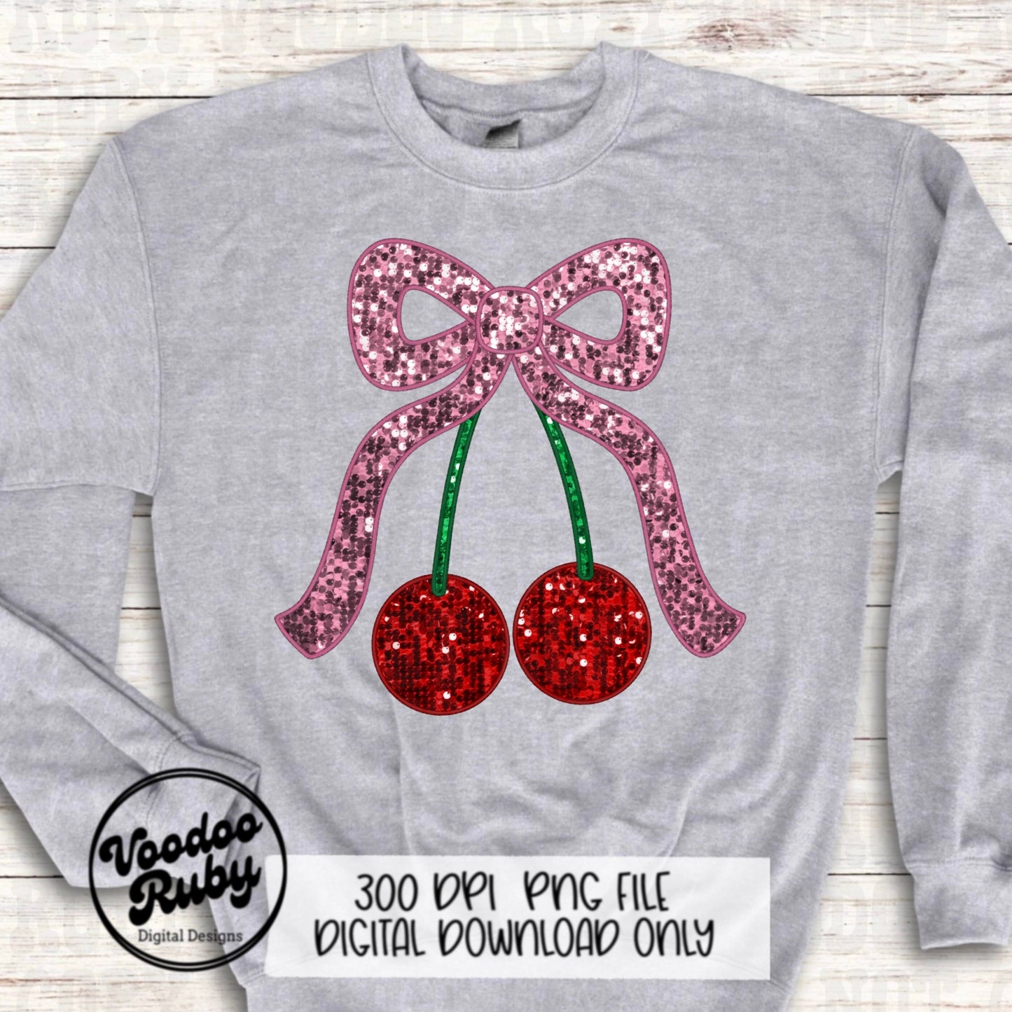 Sequin Pink Bow Cherries PNG Design Sublimation Hand Drawn Digital Download Coquette Pink Bow Cherries PNG Faux Embroidery DTF Printable