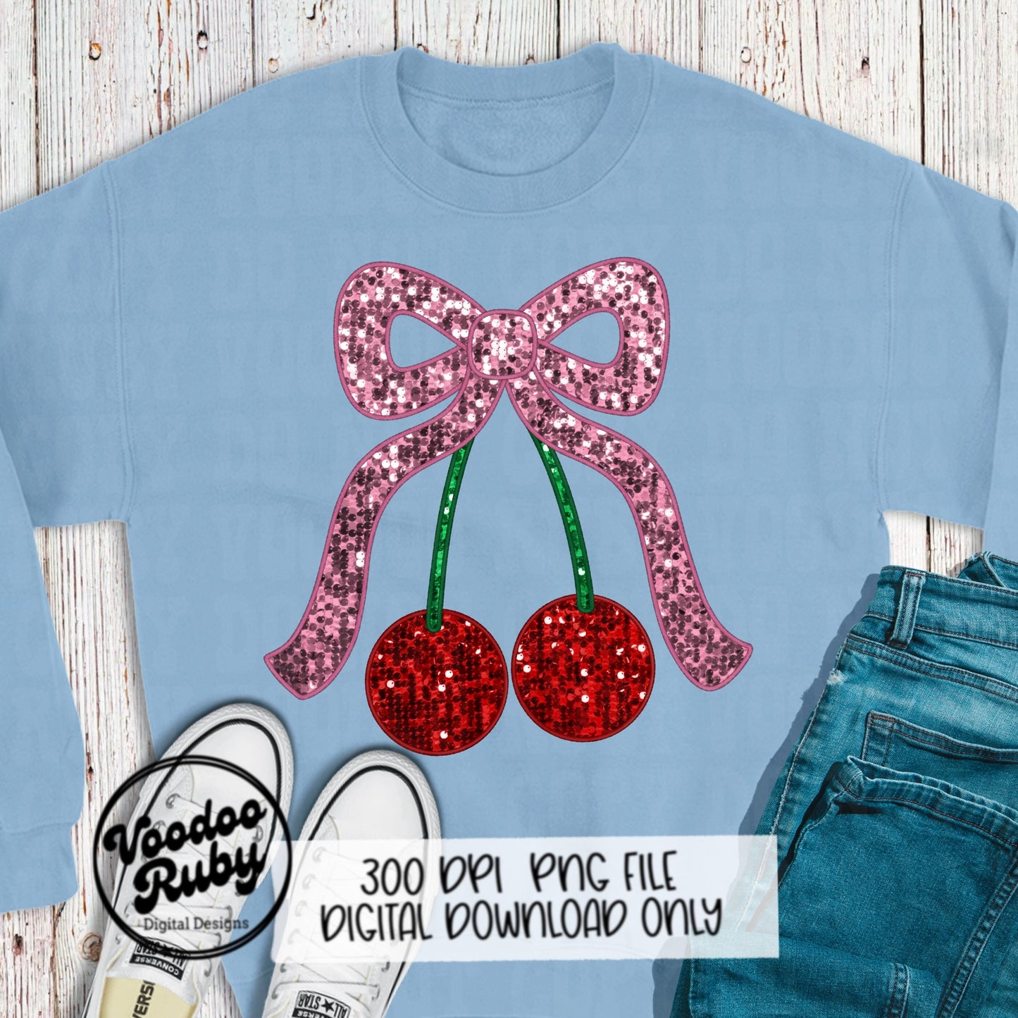 Sequin Pink Bow Cherries PNG Design Sublimation Hand Drawn Digital Download Coquette Pink Bow Cherries PNG Faux Embroidery DTF Printable