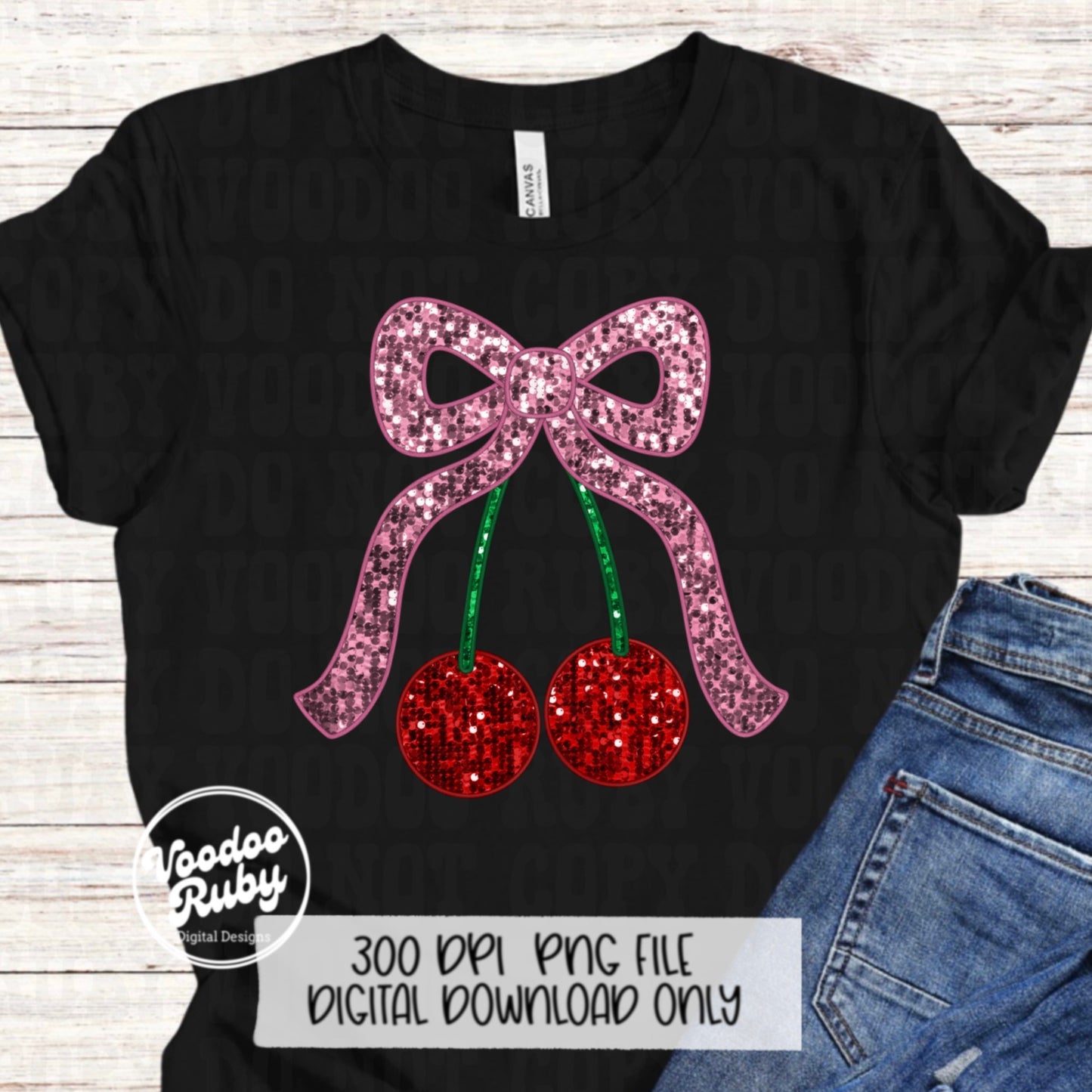 Sequin Pink Bow Cherries PNG Design Sublimation Hand Drawn Digital Download Coquette Pink Bow Cherries PNG Faux Embroidery DTF Printable