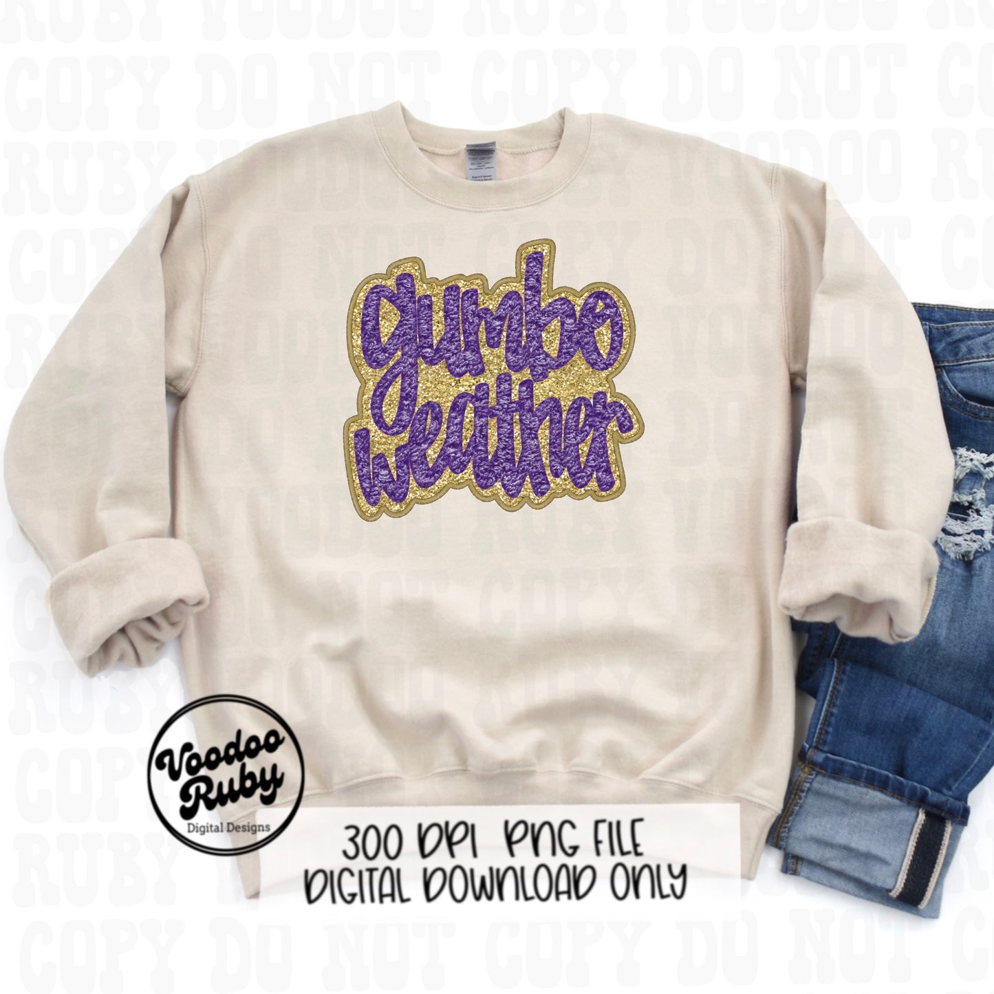 Gumbo Weather PNG: Faux Embroidery Mardi Gras Design (Digital Download