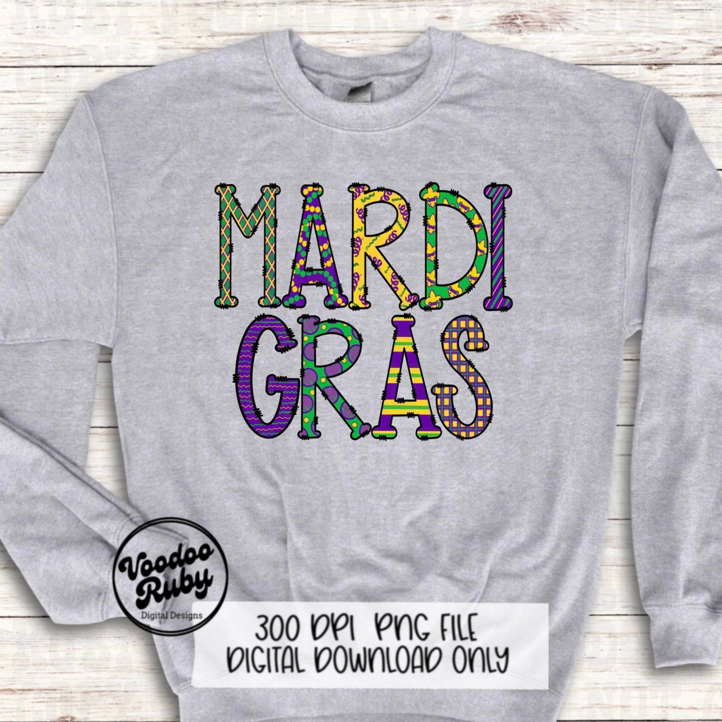 Mardi gras png design with doodle letters