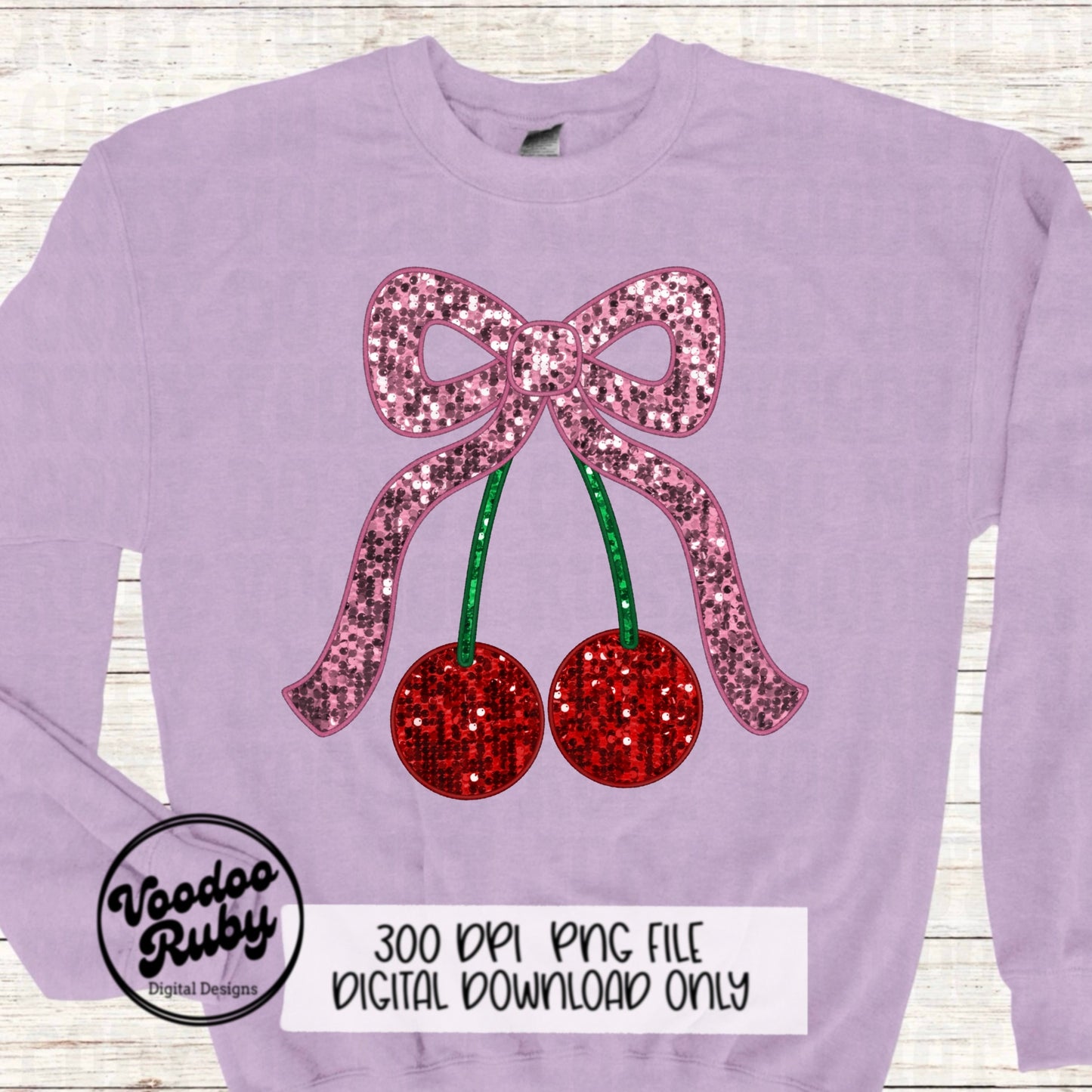 Sequin Pink Bow Cherries PNG Design Sublimation Hand Drawn Digital Download Coquette Pink Bow Cherries PNG Faux Embroidery DTF Printable