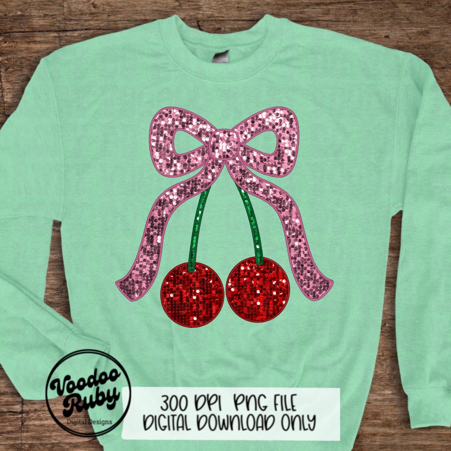 Sequin Pink Bow Cherries PNG Design Sublimation Hand Drawn Digital Download Coquette Pink Bow Cherries PNG Faux Embroidery DTF Printable